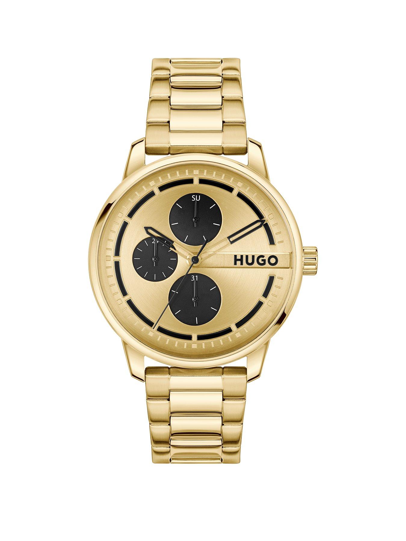 Product photograph of Hugo Gents Stamp Multi Gold Ip Bracelet Watch from very.co.uk