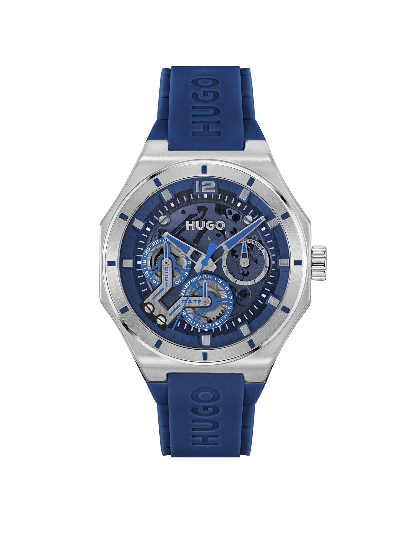 Product photograph of Hugo Gents Hugo Grail Skeleton Silicon Strap Multifunction Watch - Blue from very.co.uk