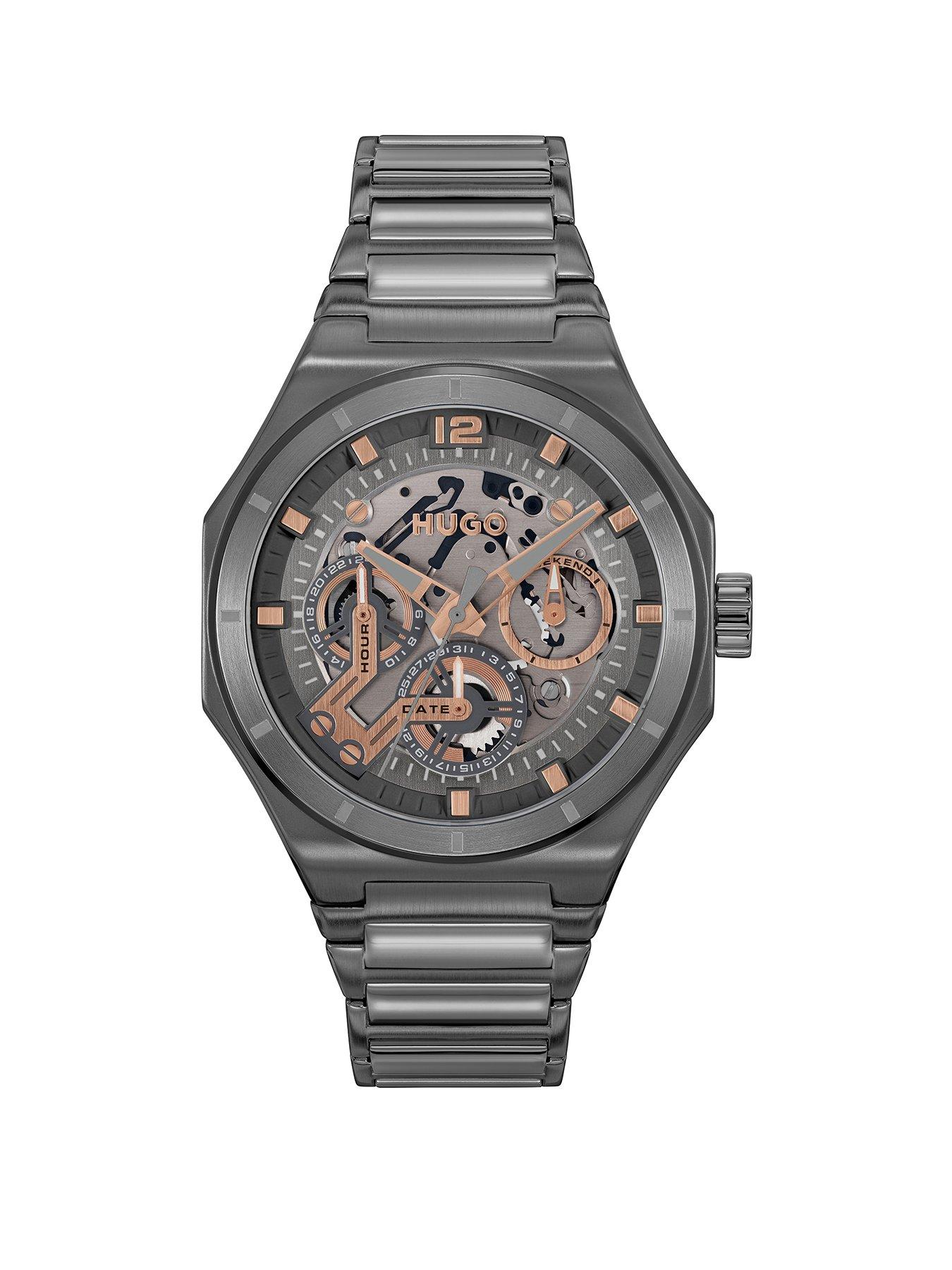 HUGO Gents GRAIL Skeleton IP Multifunction Bracelet Watch Grey Very