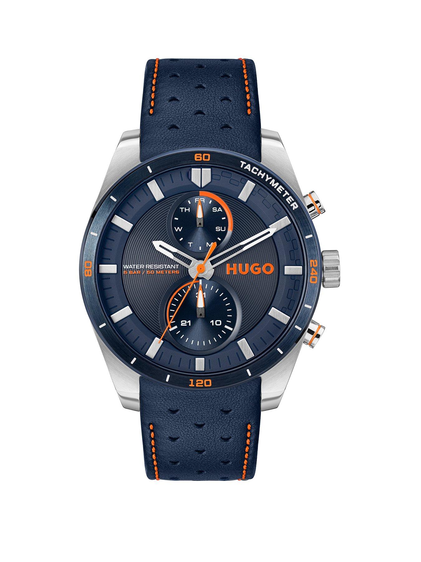 Product photograph of Hugo Gents Fast Blue Leather Strap Multifunction Watch from very.co.uk