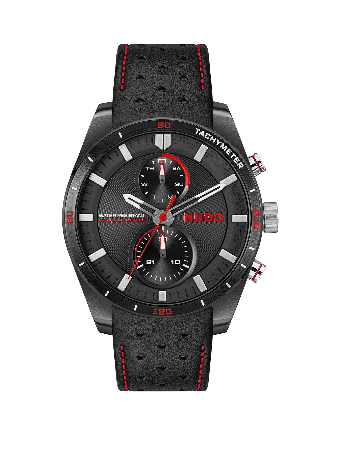 HUGO Gents #FAST Black Leather Strap Multifunction Watch