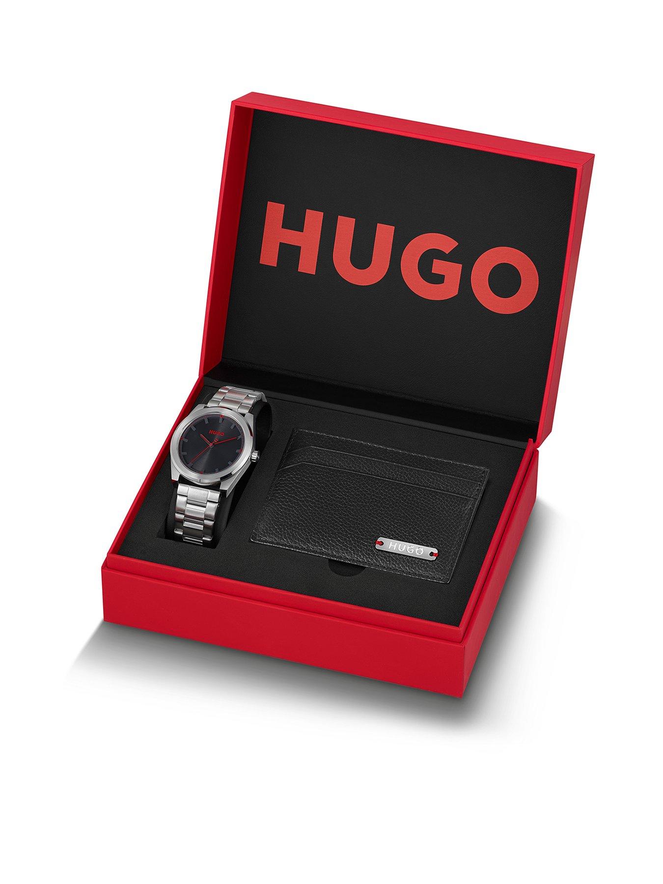 Product photograph of Hugo Gents Hugo Bright Stainless Steel Watch And Card Holder Gift Set from very.co.uk