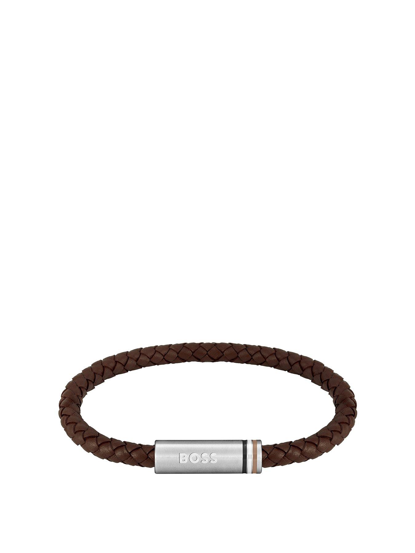 Product photograph of Boss Gents Ares Single Braided Brown Leather Bracelet from very.co.uk