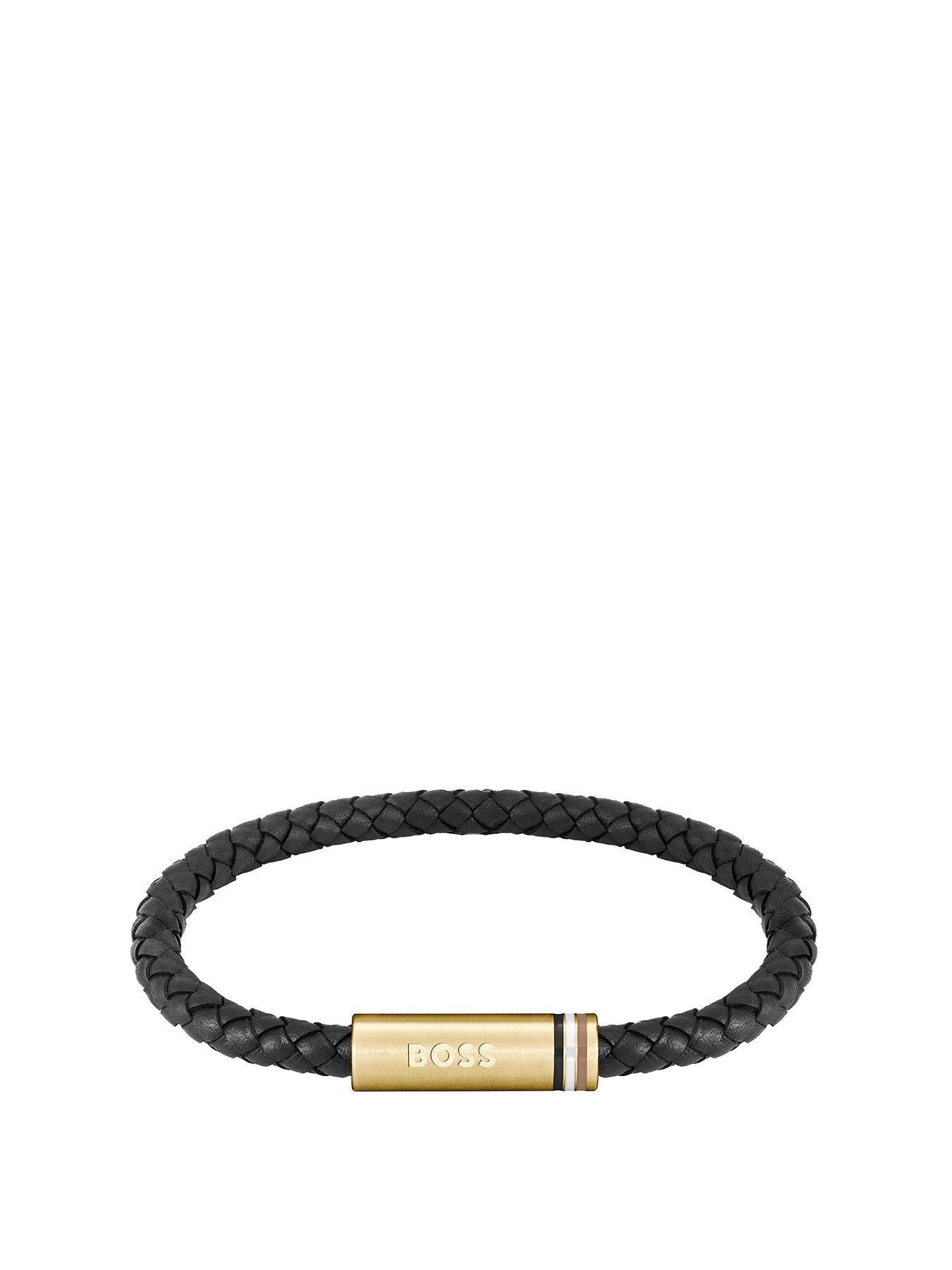 Product photograph of Boss Gents Ares Single Braided Black Leather Bracelet from very.co.uk