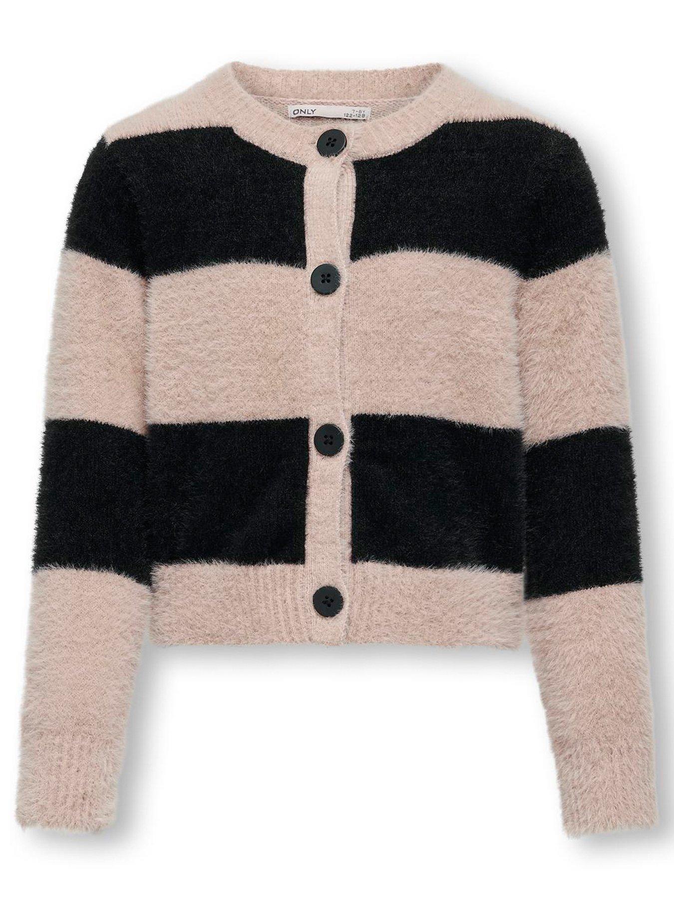 undefined Girls Stripe Knitted Cardigan - Warm Taupe/Black