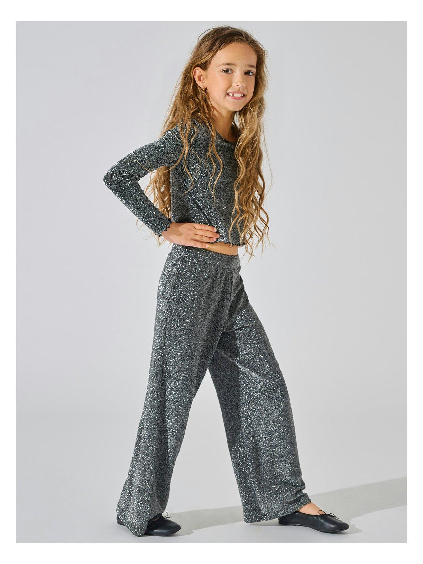 undefined Girls Glitter Trousers - Silver/Black