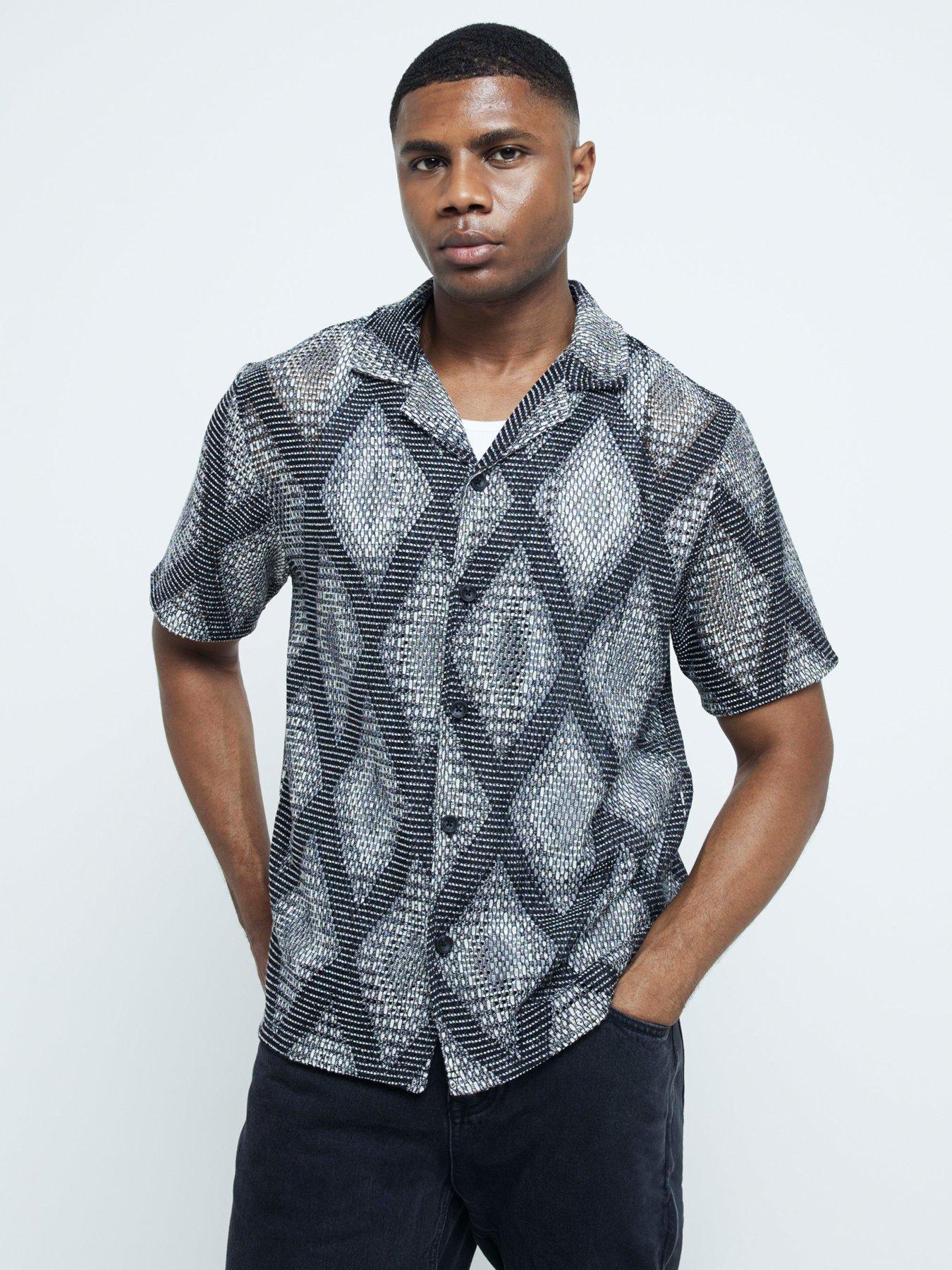 undefined Regular Crochet Diamond Short Sleeve Shirt - Black
