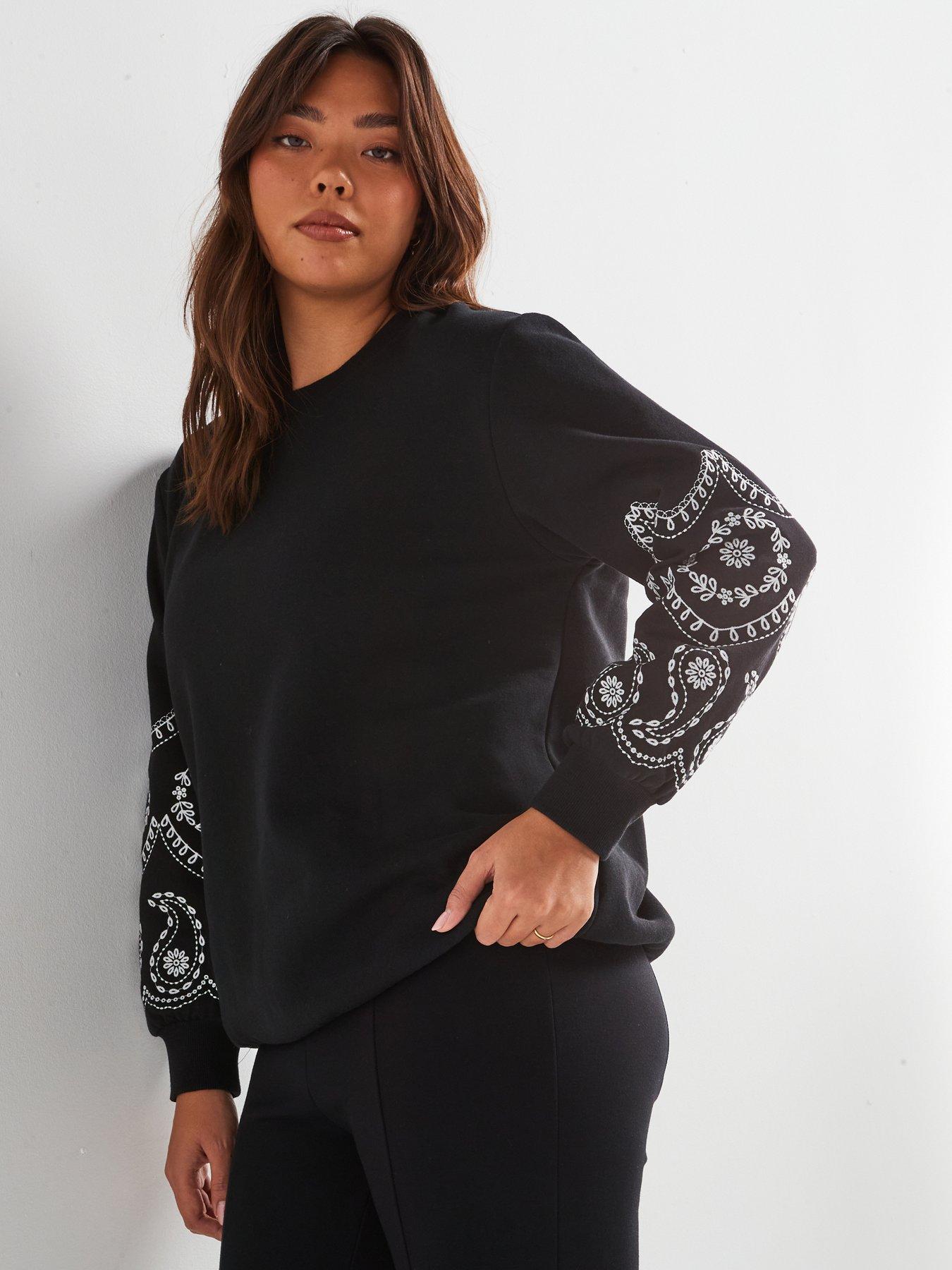 Image 4 of 6 of V by Very Curve Embroidered Sleeve Sweatshirt - Black