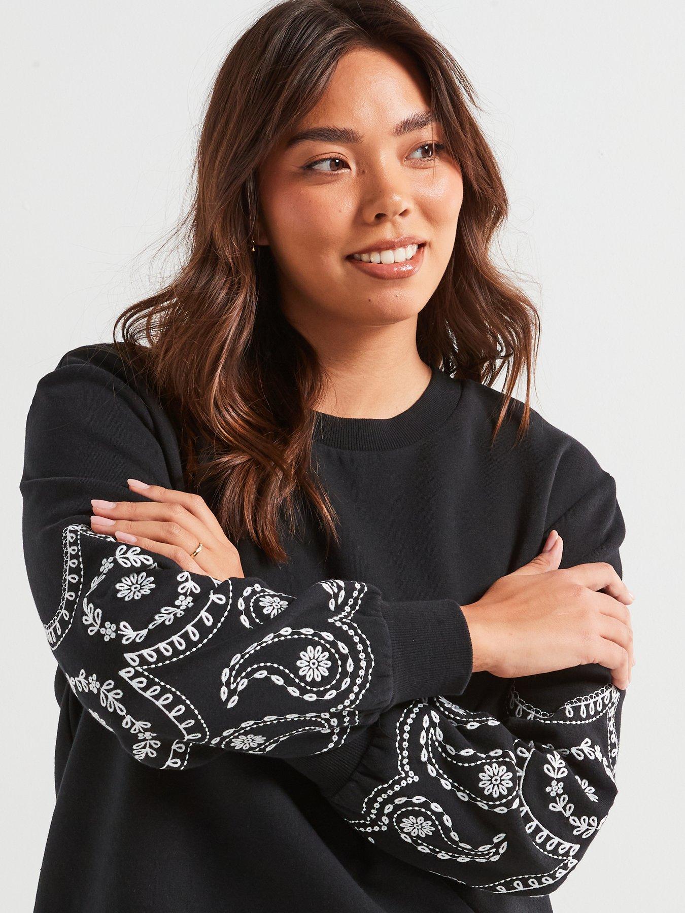 Image 5 of 6 of V by Very Curve Embroidered Sleeve Sweatshirt - Black