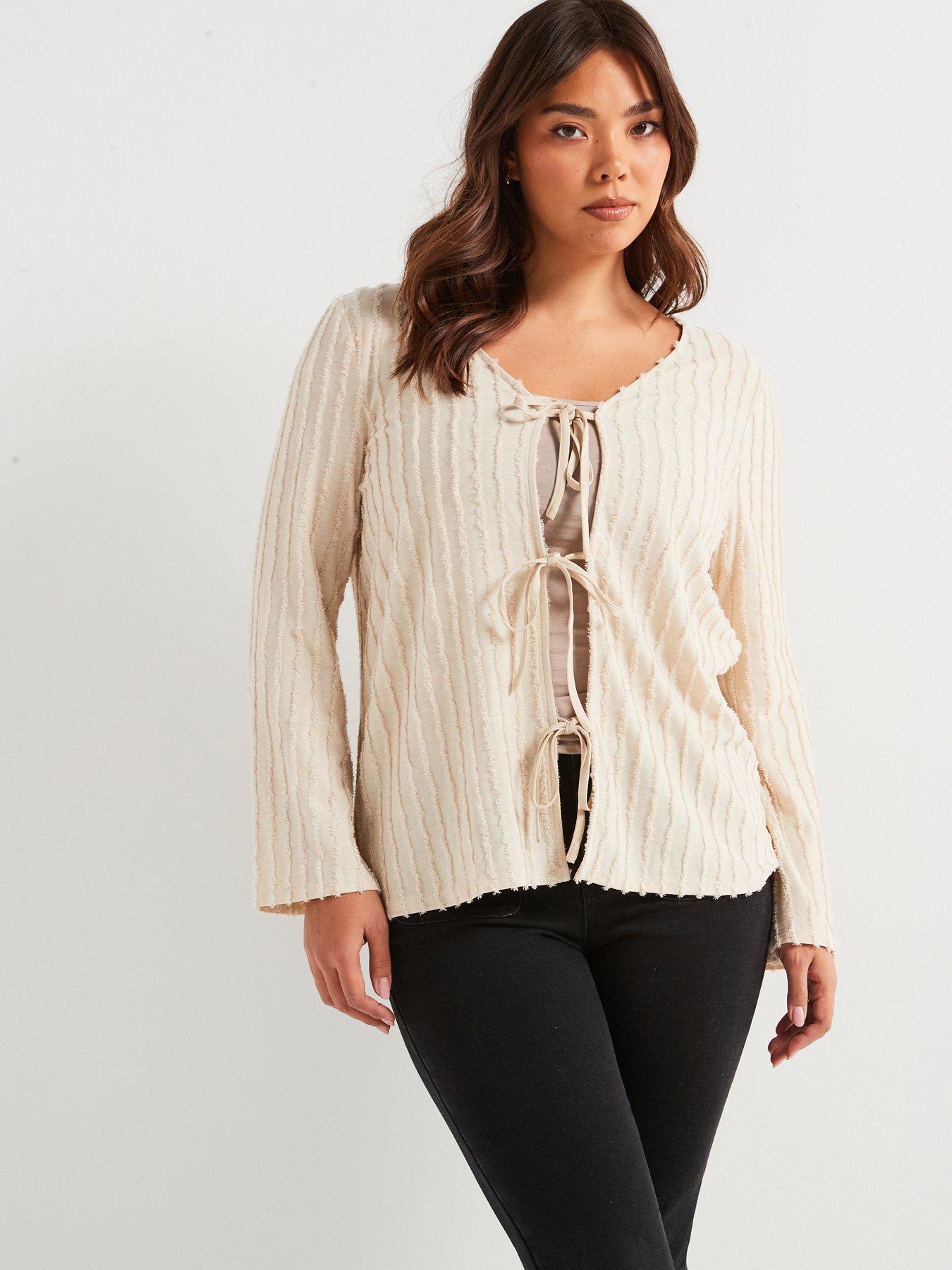 undefined Tie Front Textured Cardigan - Cream