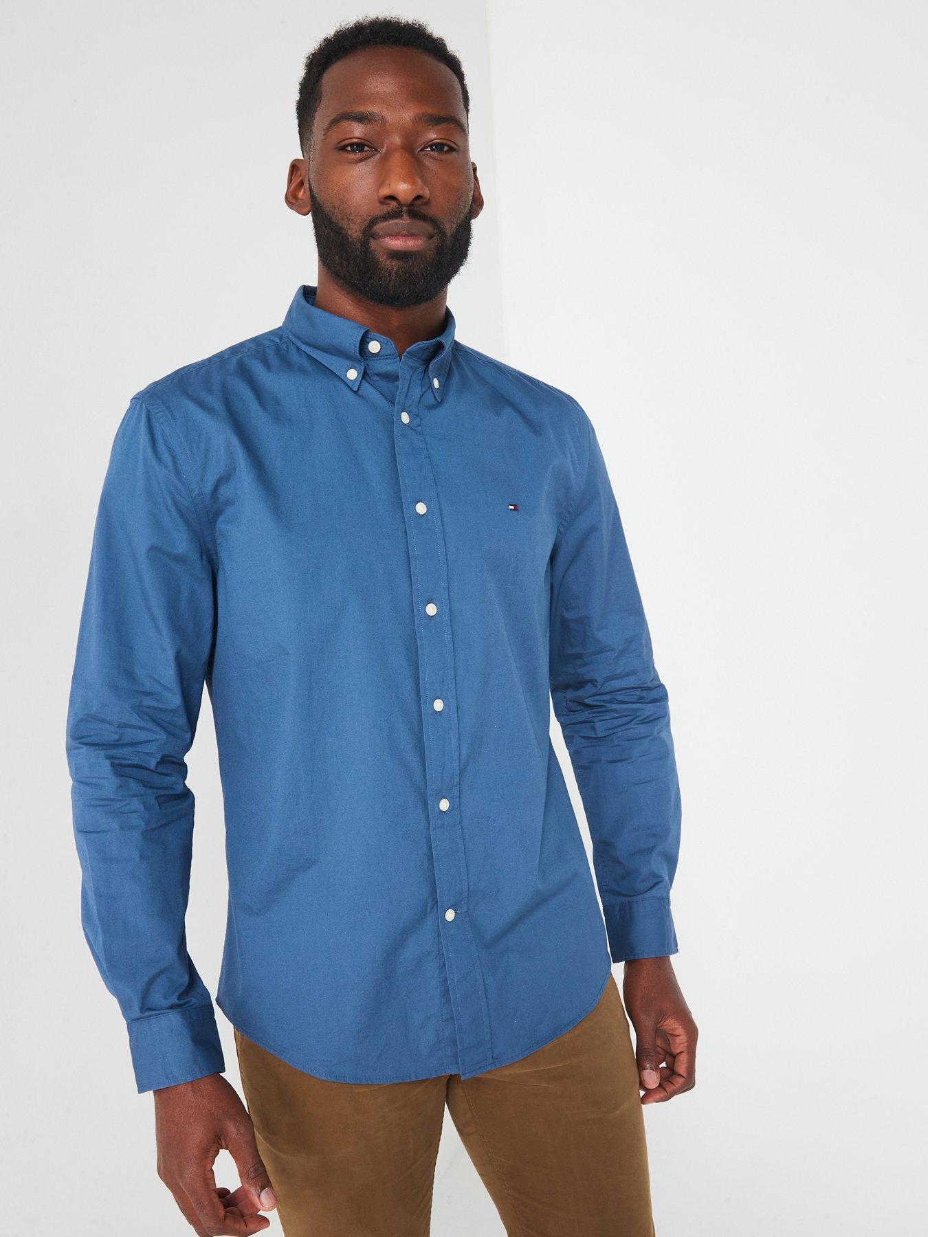 undefined Regular Fit Flex Poplin Solid Flag Logo Shirt - Blue