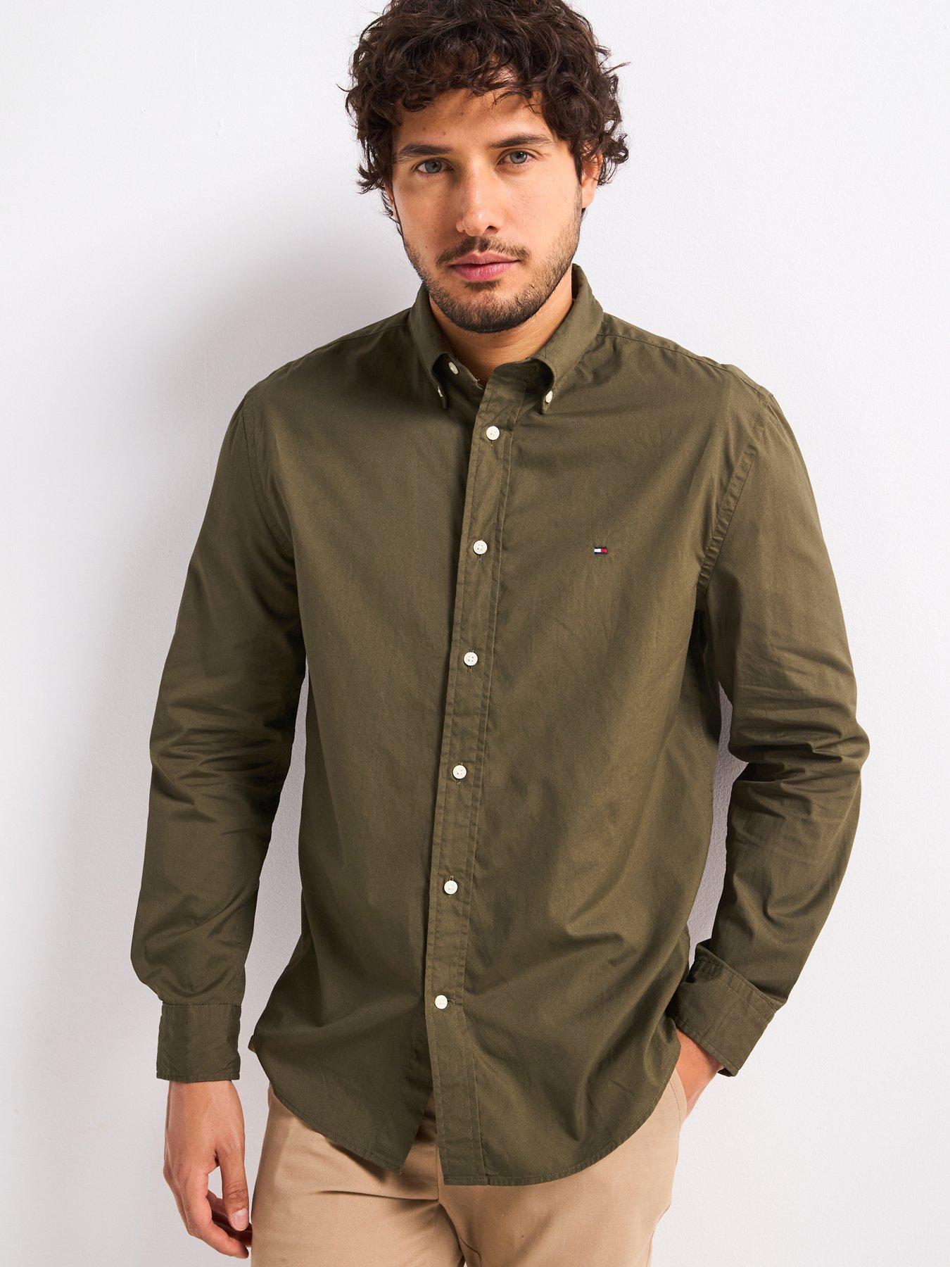 undefined Regular Fit Flex Poplin Solid Flag Logo Shirt - Khaki