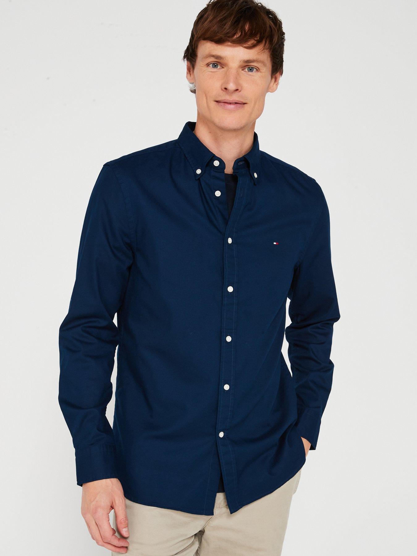 undefined Slim Fit Flex Dobby Flag Logo Shirt - Navy