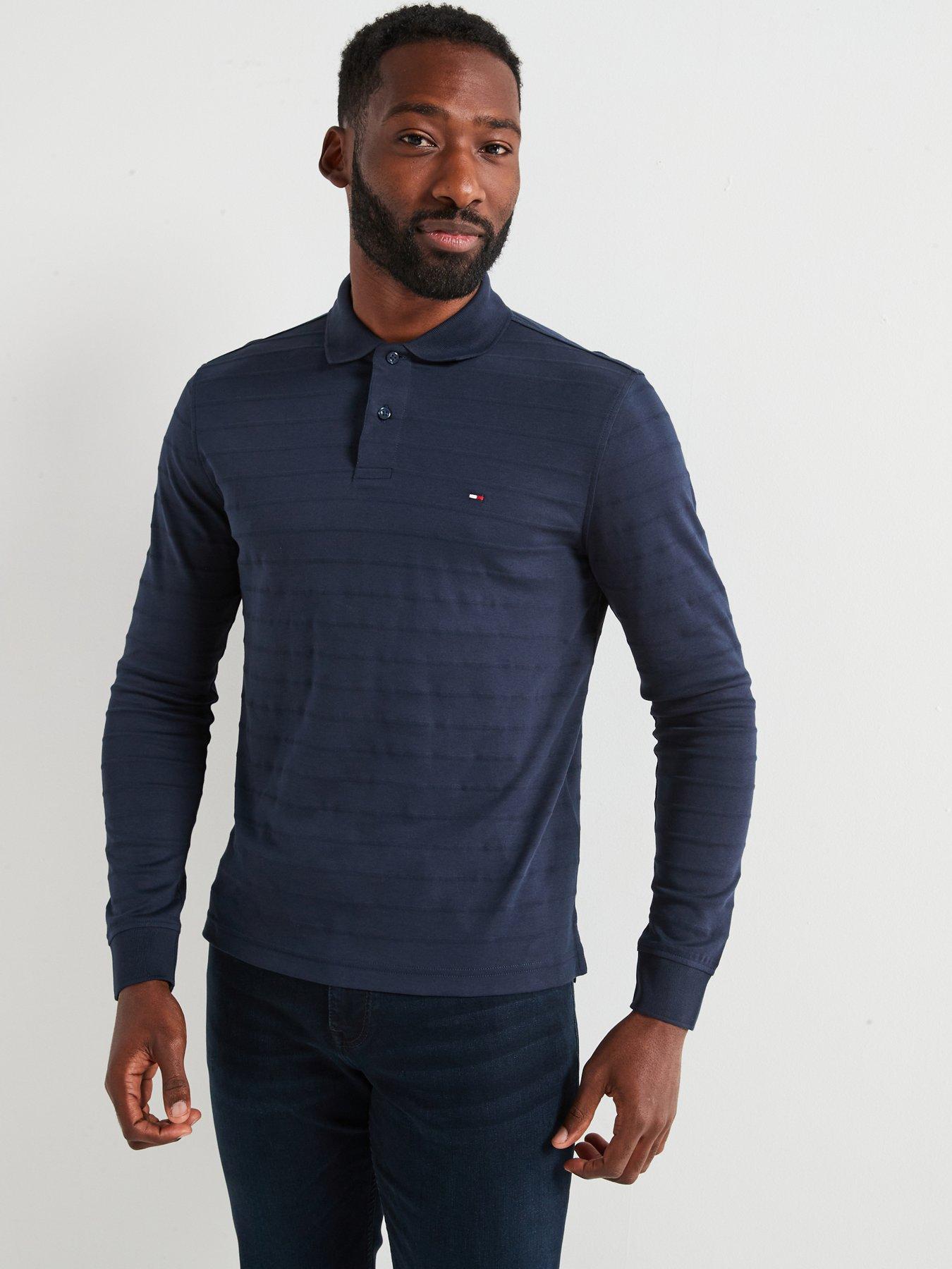 undefined Regular Fit Mercerised Cotton Jacquard Stripe Long Sleeve Polo Shirt - Navy