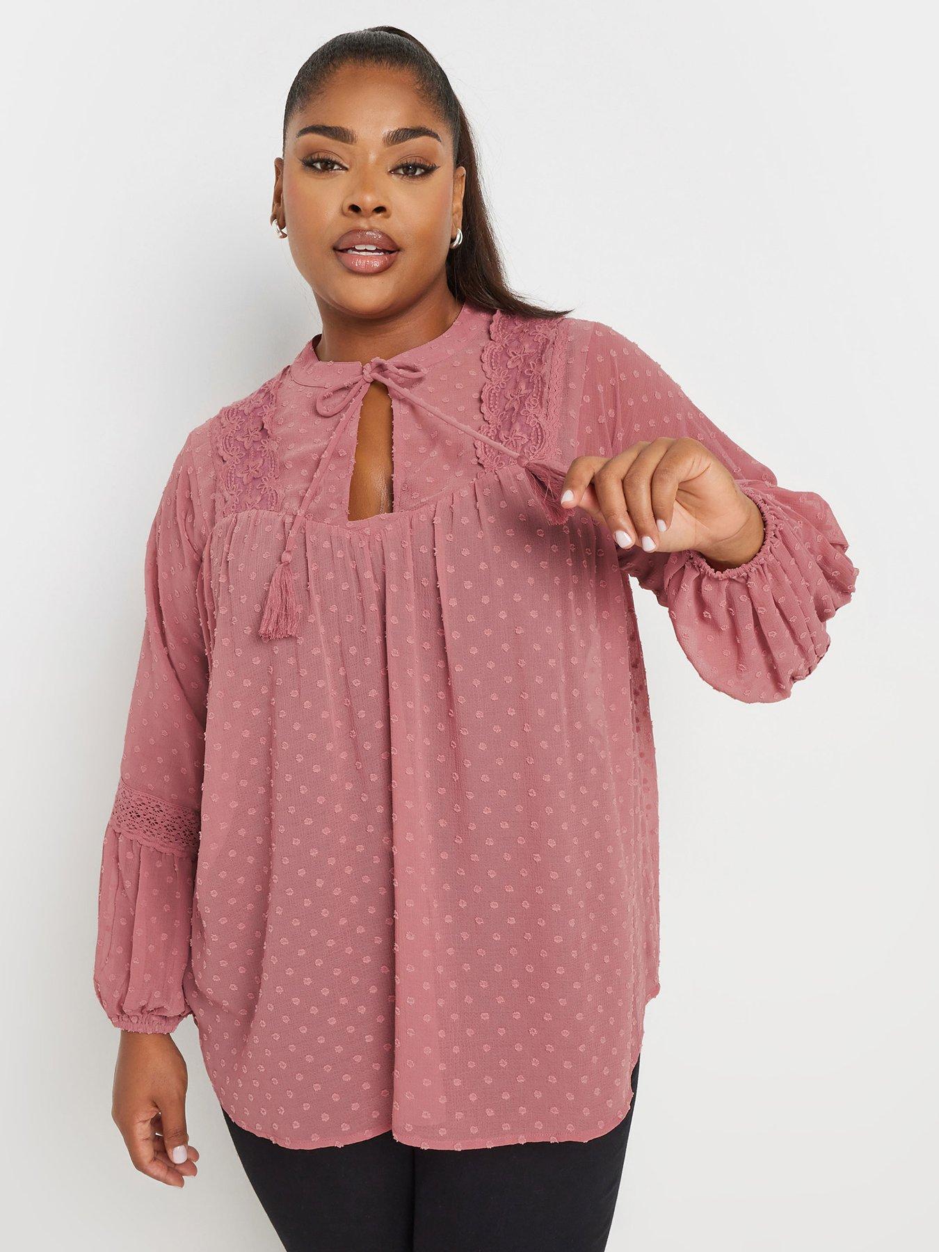 Image 1 of 4 of Yours Curve Dobby Slub Lace Blouse - Pink