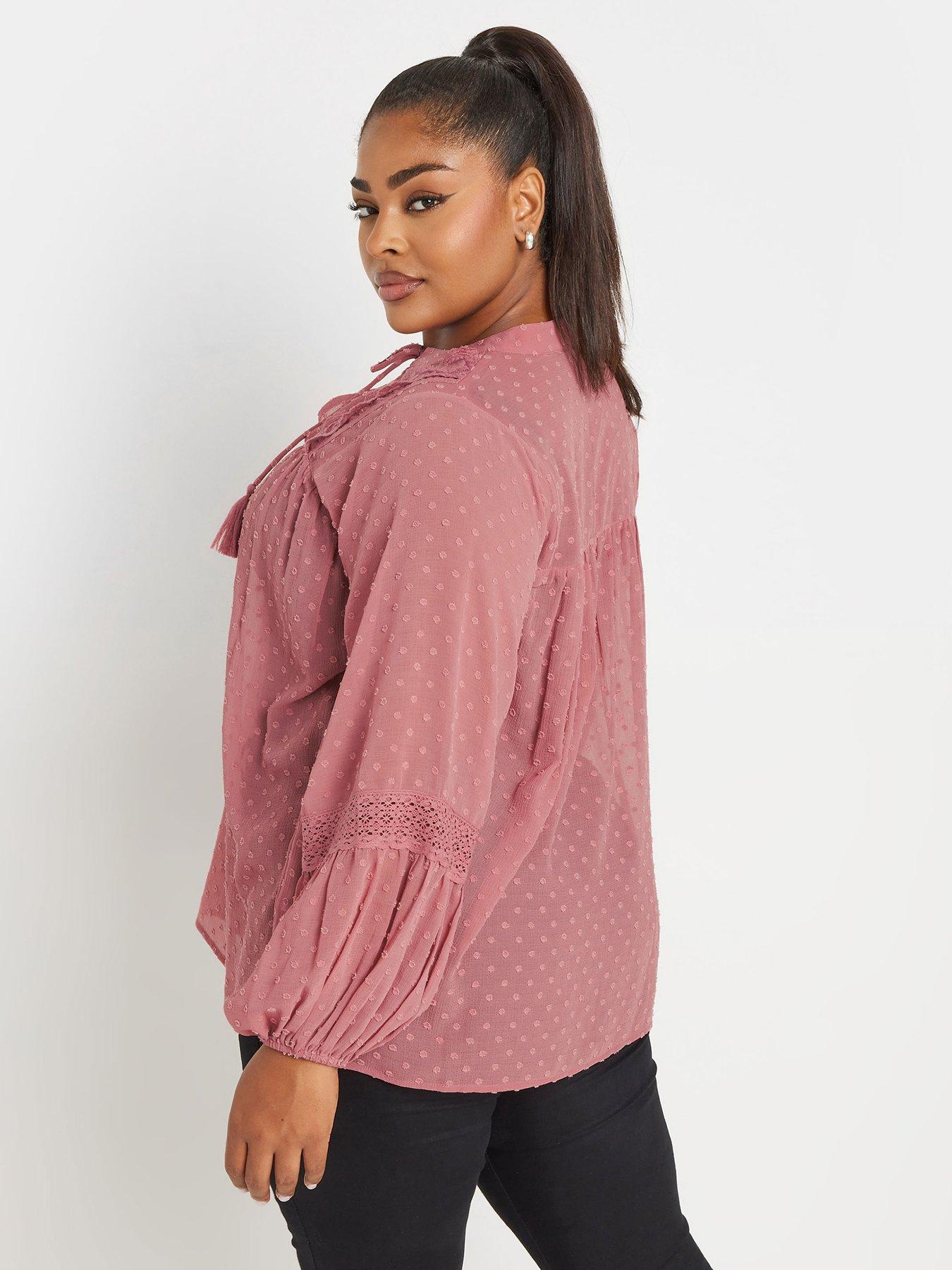 Image 2 of 4 of Yours Curve Dobby Slub Lace Blouse - Pink