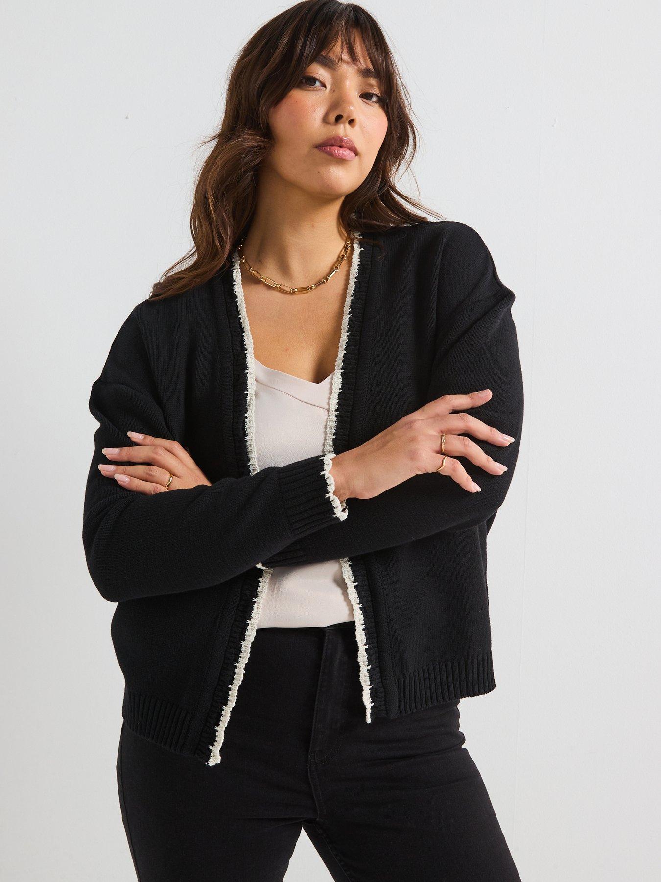 undefined Contrast Stitch Edge To Edge Cardigan - Black