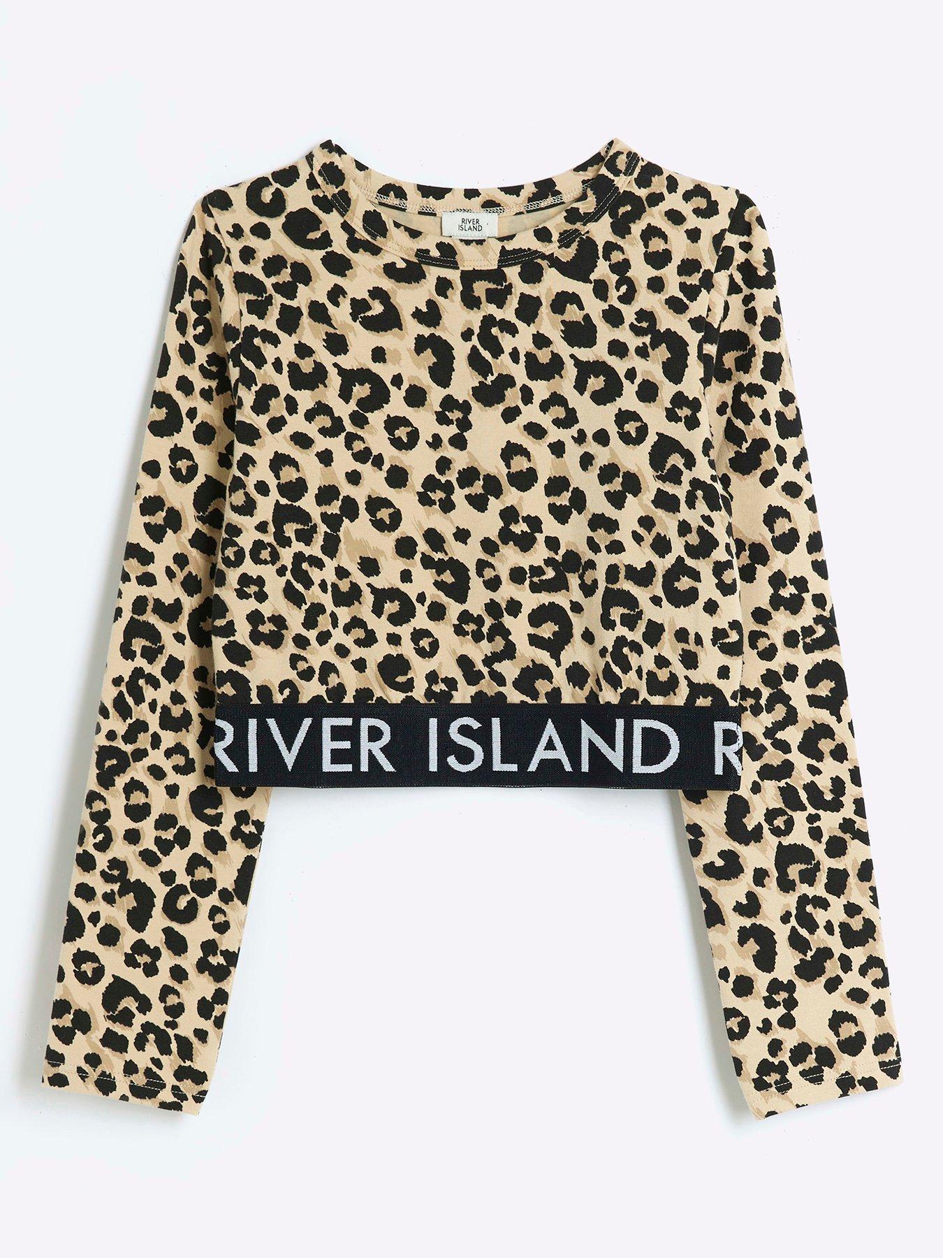 Image 1 of 4 of River Island Older Girl Leopard Long Sleeve Top - Cream