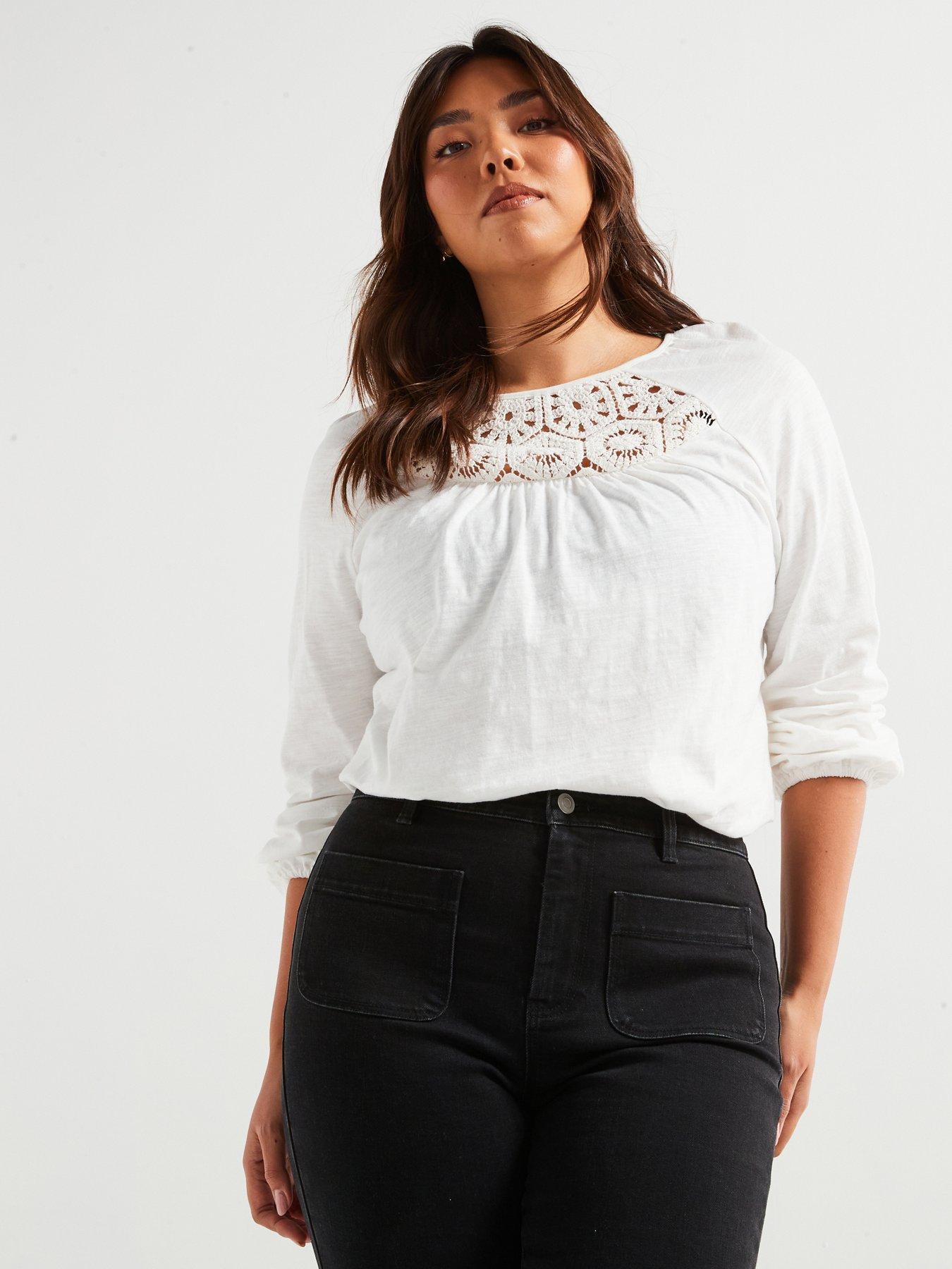 undefined Crochet Yoke Long Sleeve Top - White
