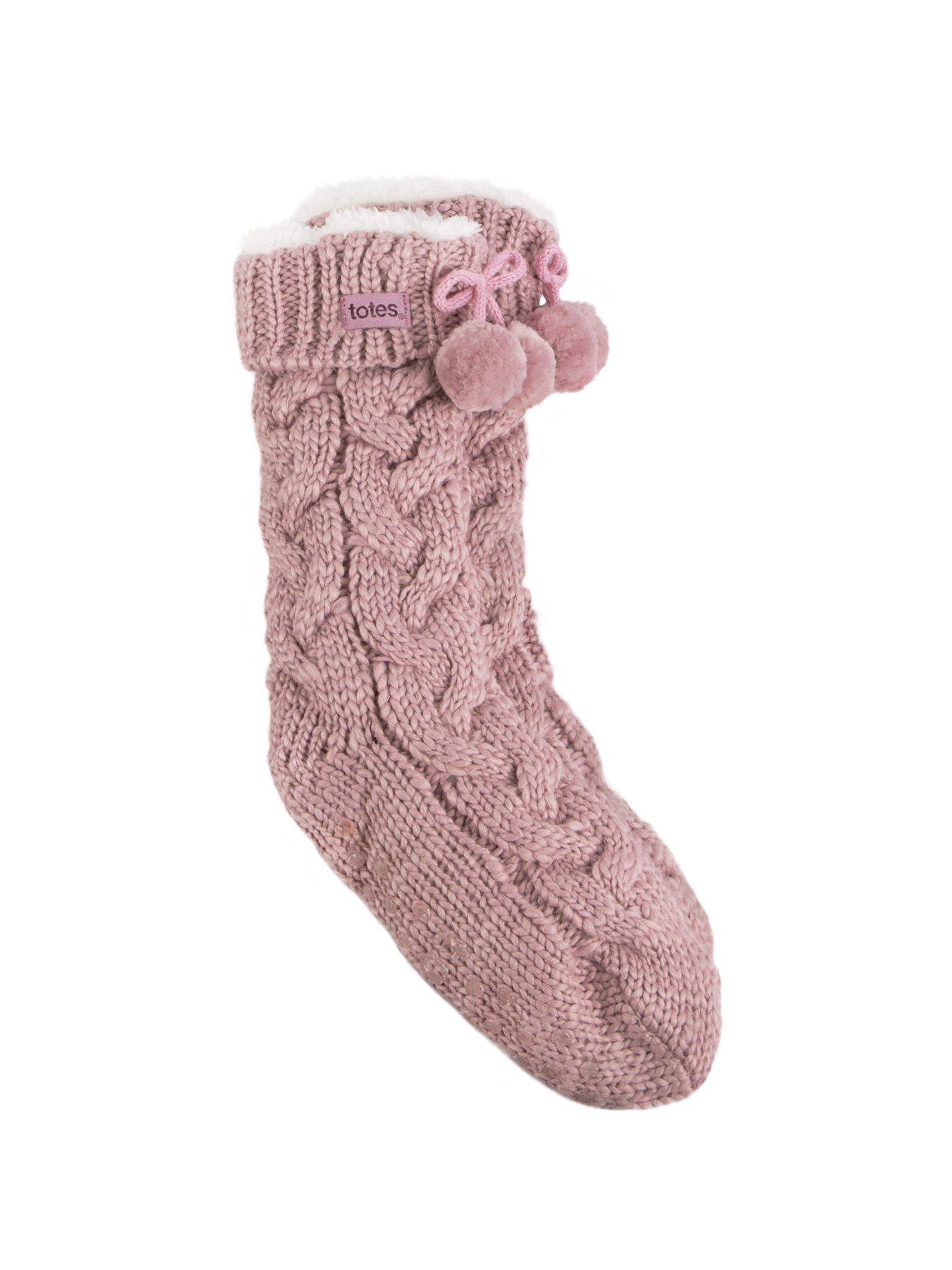TOTES Luxury Knitted Slipper Socks With Pom Pink Very