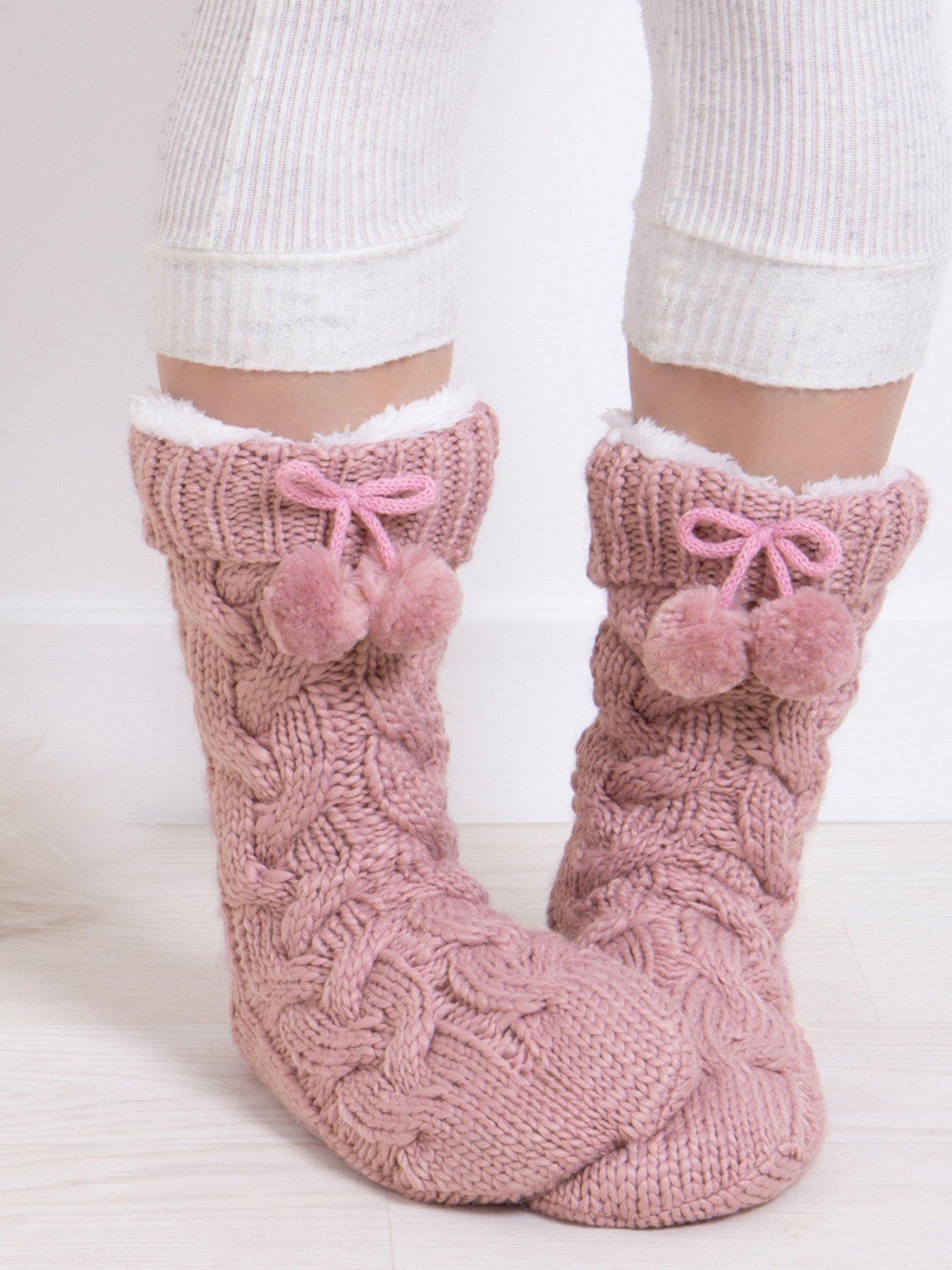 TOTES Luxury Knitted Slipper Socks With Pom Pink Very