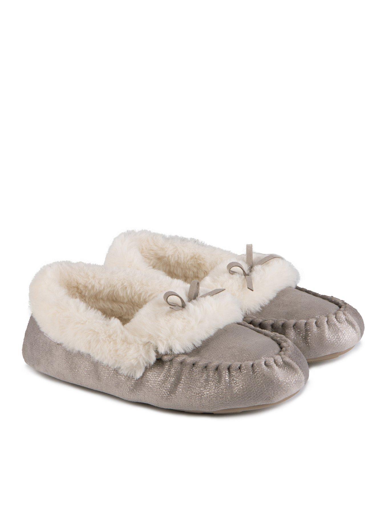 TOTES Sparkle Moccasin Slippers, Grey, Size 5-6, Women