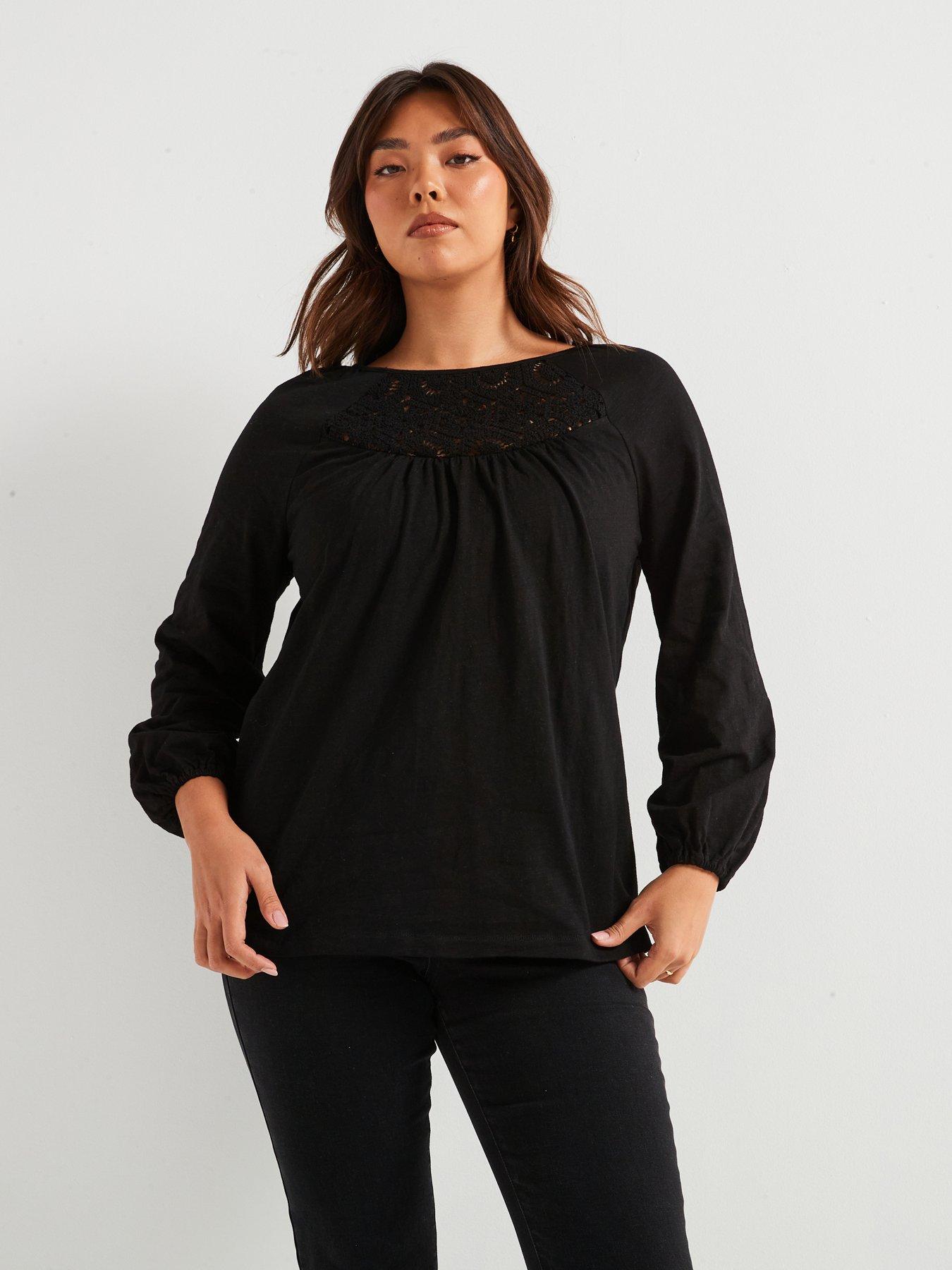 undefined Crochet Yoke Long Sleeve Top - Black