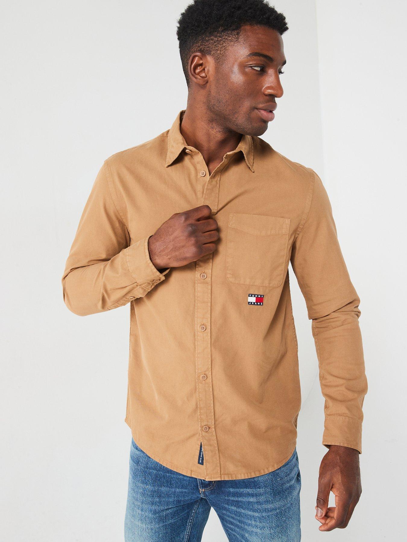 undefined Regular Fit Badge Flag Washed Twill Pocket Shirt - Beige