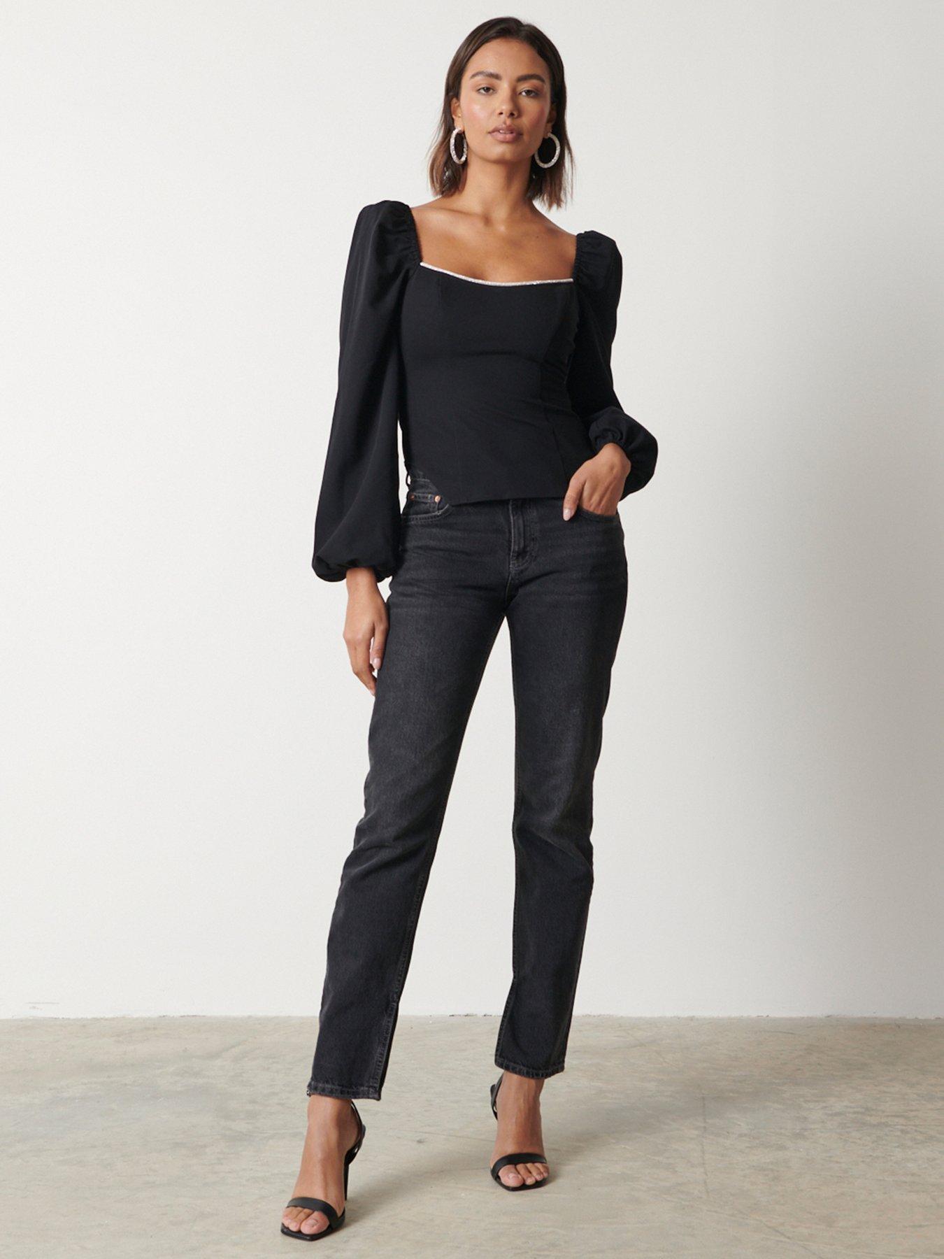 Velvet Ribbed Texture Square Neck Slim Puff Sleeve Top