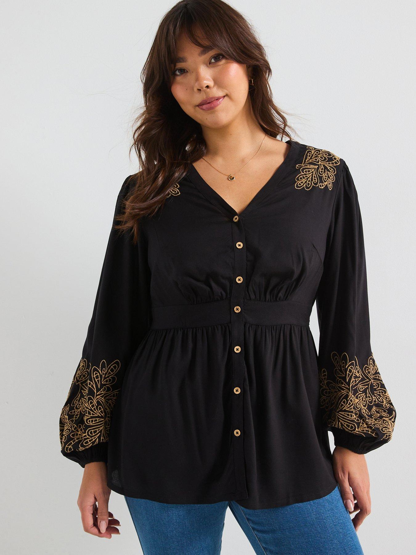 undefined Contrast Embroidered Button Through Shirt - Black