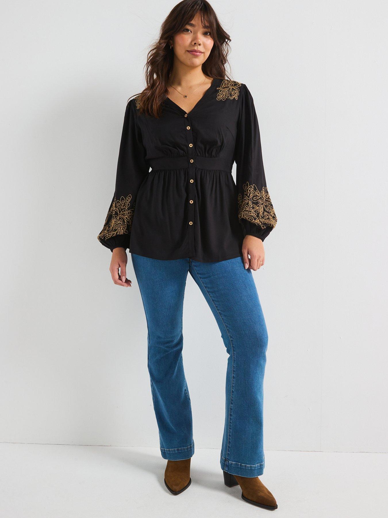 Image 3 of 6 of V by Very Curve Contrast Embroidered Button Through Shirt - Black