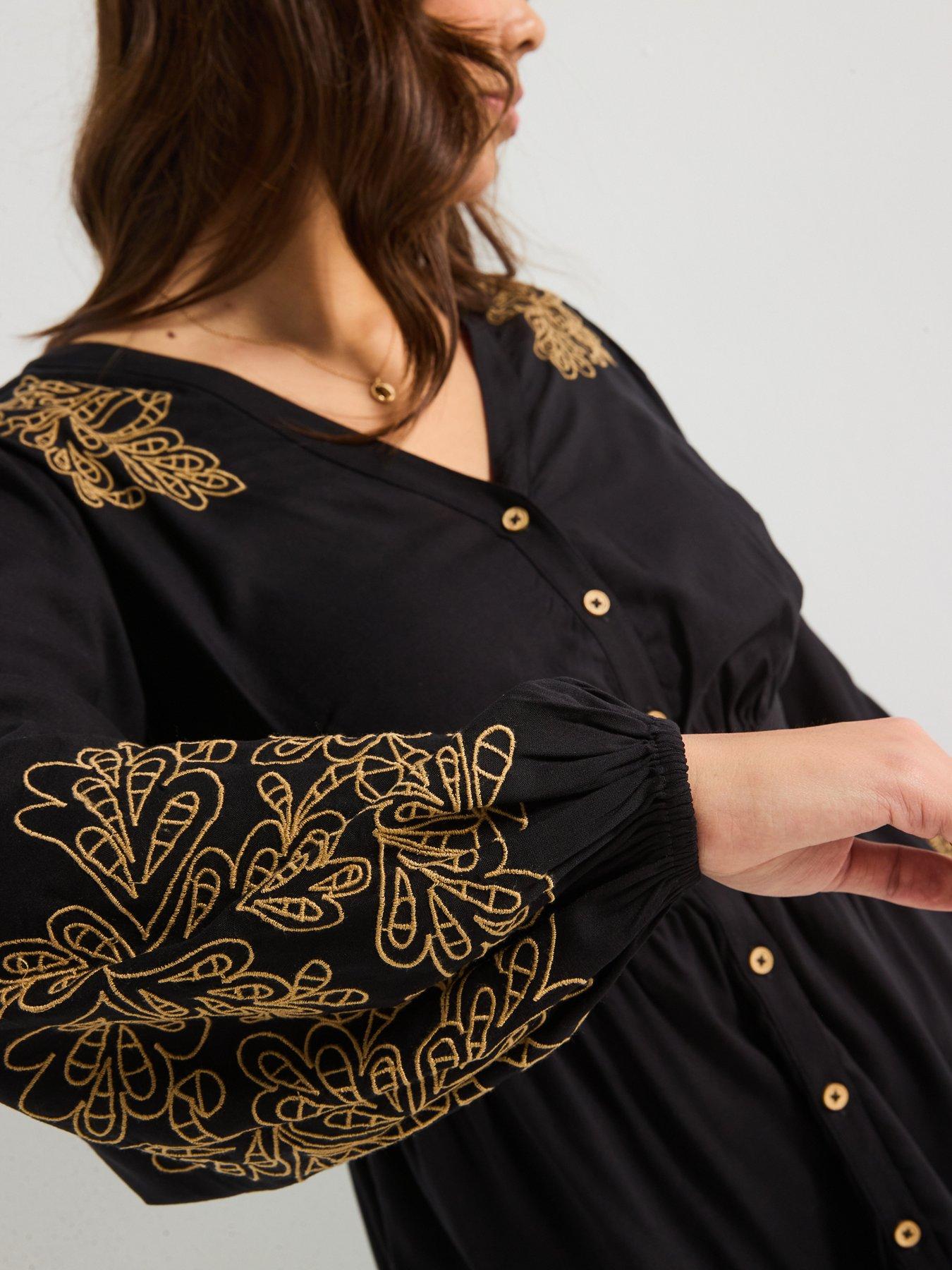 Image 5 of 6 of V by Very Curve Contrast Embroidered Button Through Shirt - Black