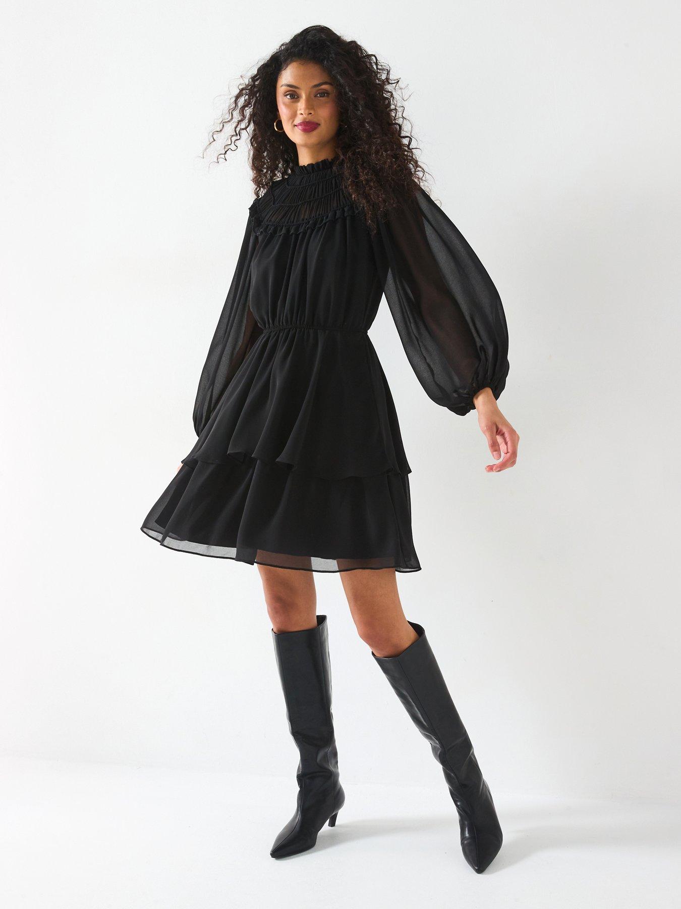 undefined Sheered Ruffle Mini Skater Dress - Black