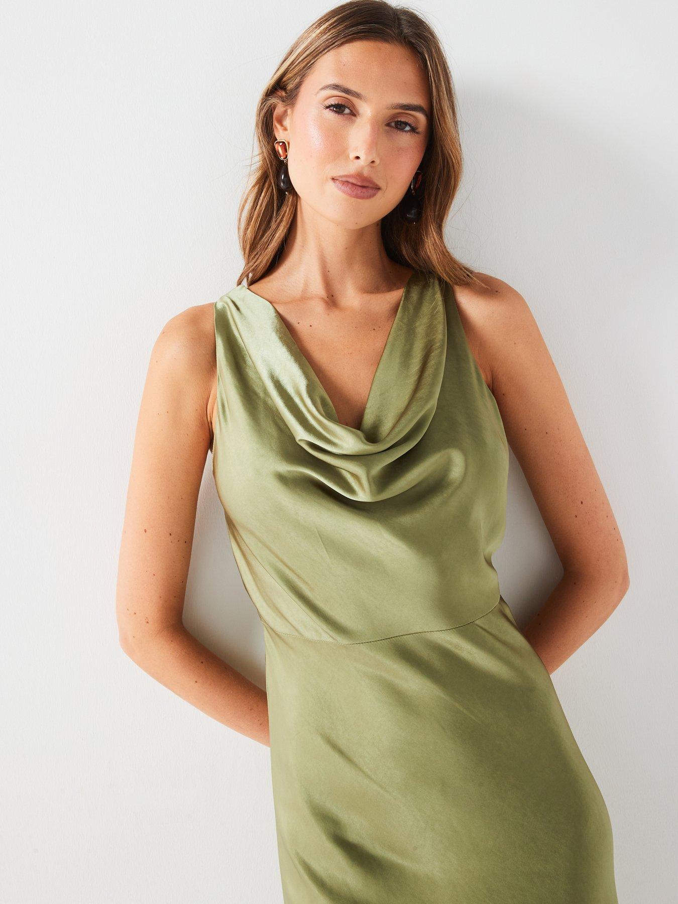 Cowl Asymmetrical Satin Bridesmaid Dress - Moss Green