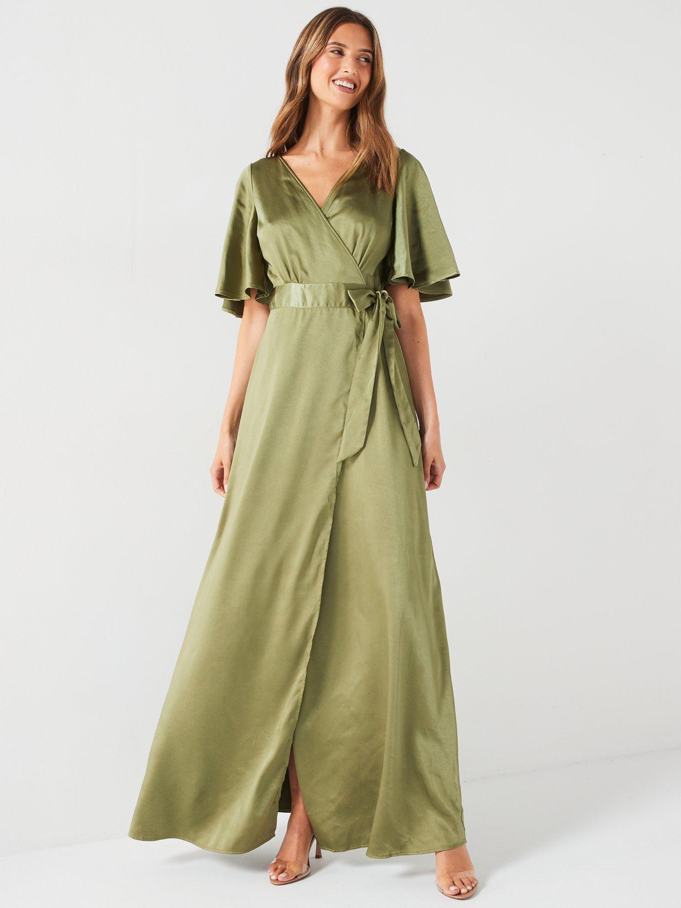 Six Stories Wrap Tie Side Satin Bridesmaid Dress - Moss - Green | Very