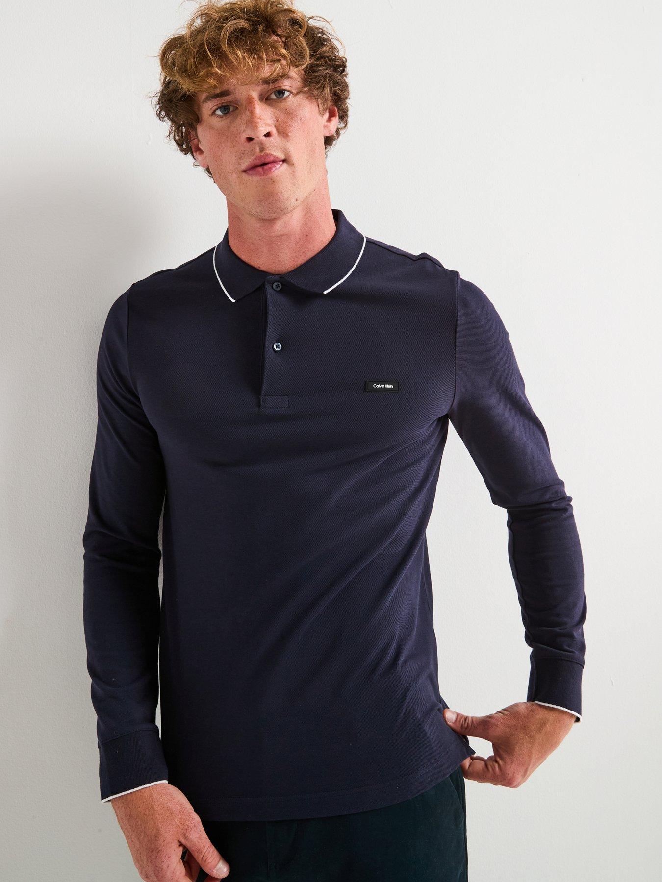 undefined Calvin Klein Stretch Pique Tipping Long Sleeve Polo Shirt - Navy