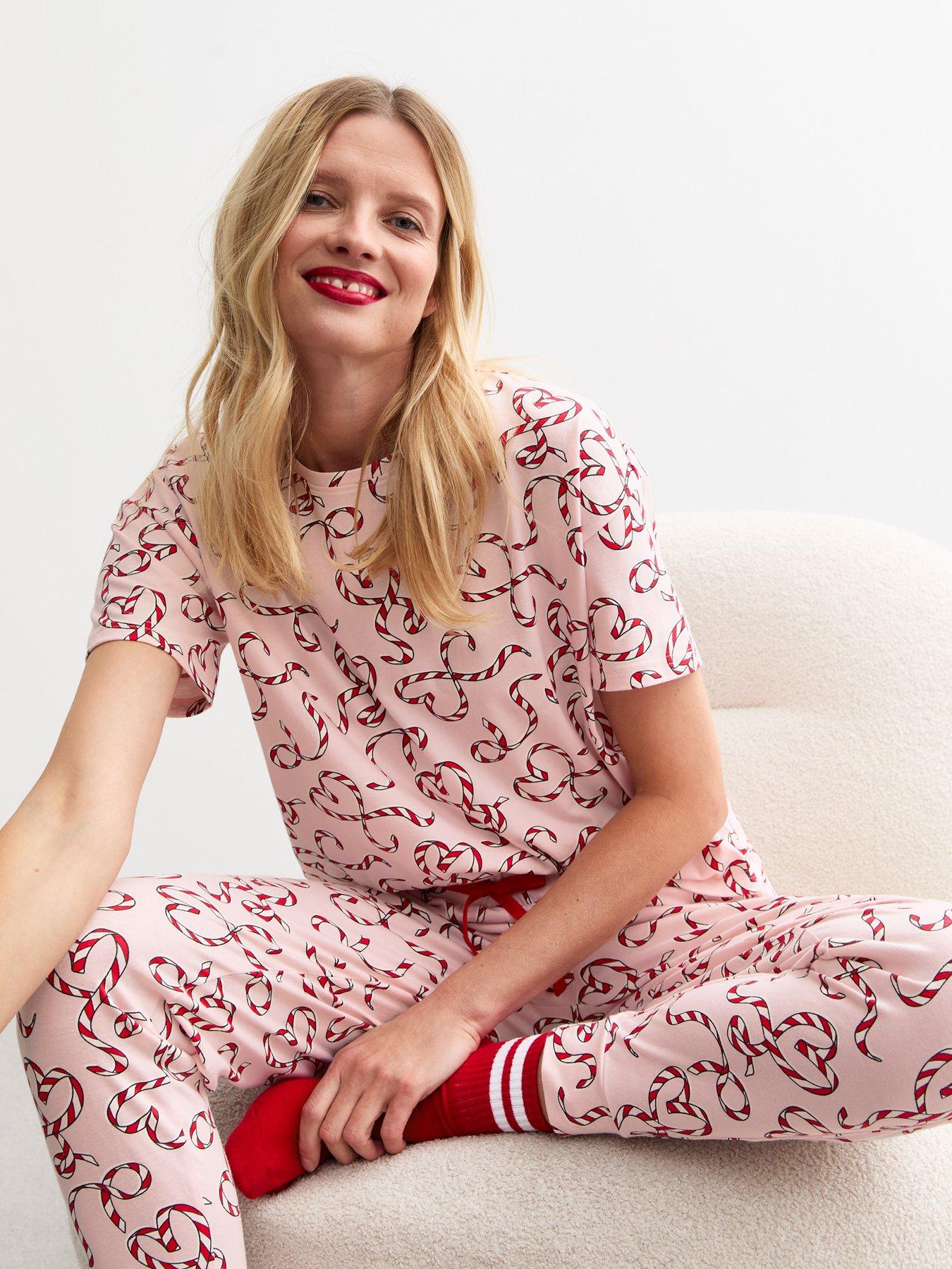 New Look Pink Christmas Jersey Candy Cane Heart Print Pyjama Set Very