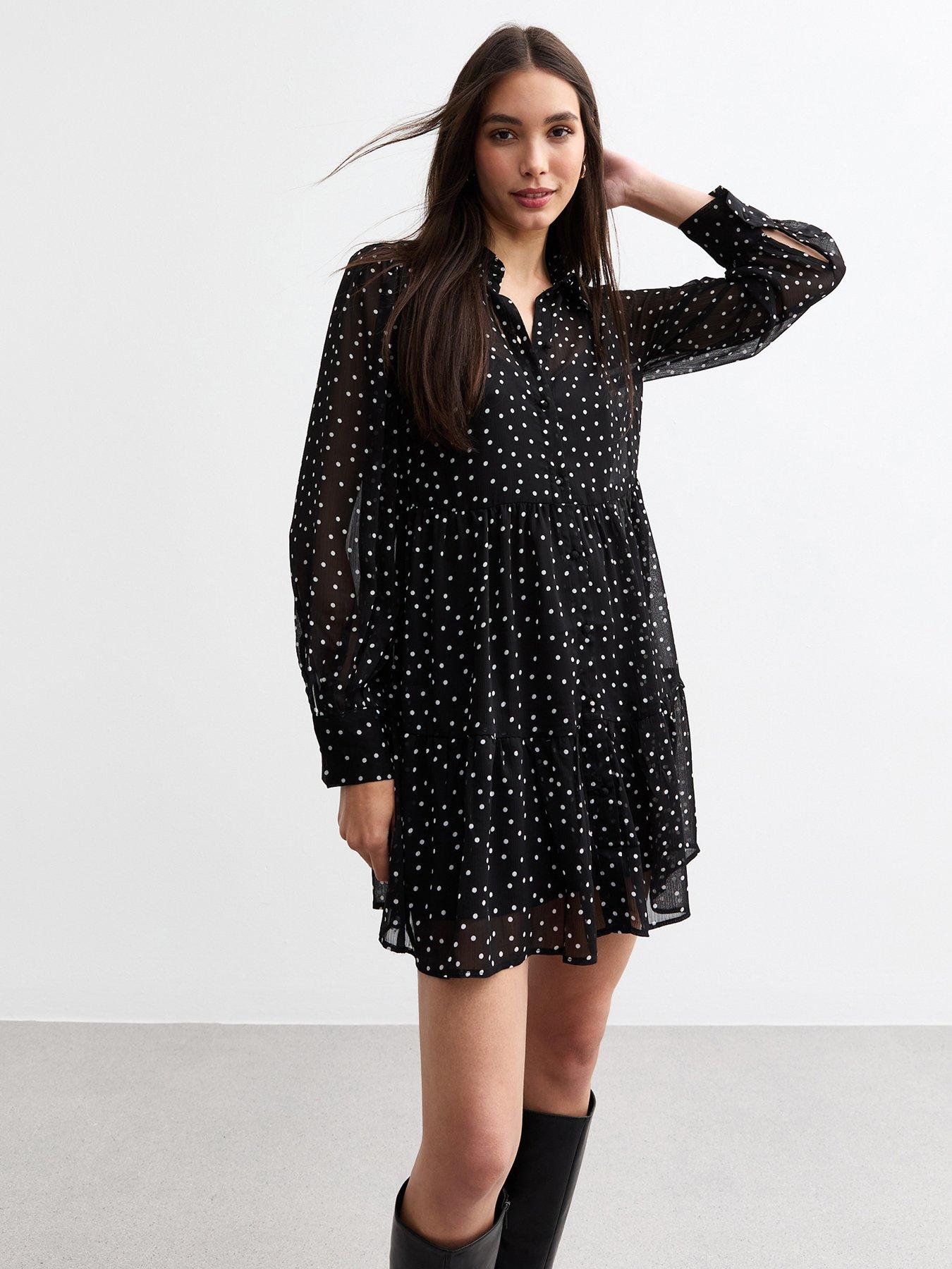 New Look Chiffon Polka Dot Tiered Mini Dress Black