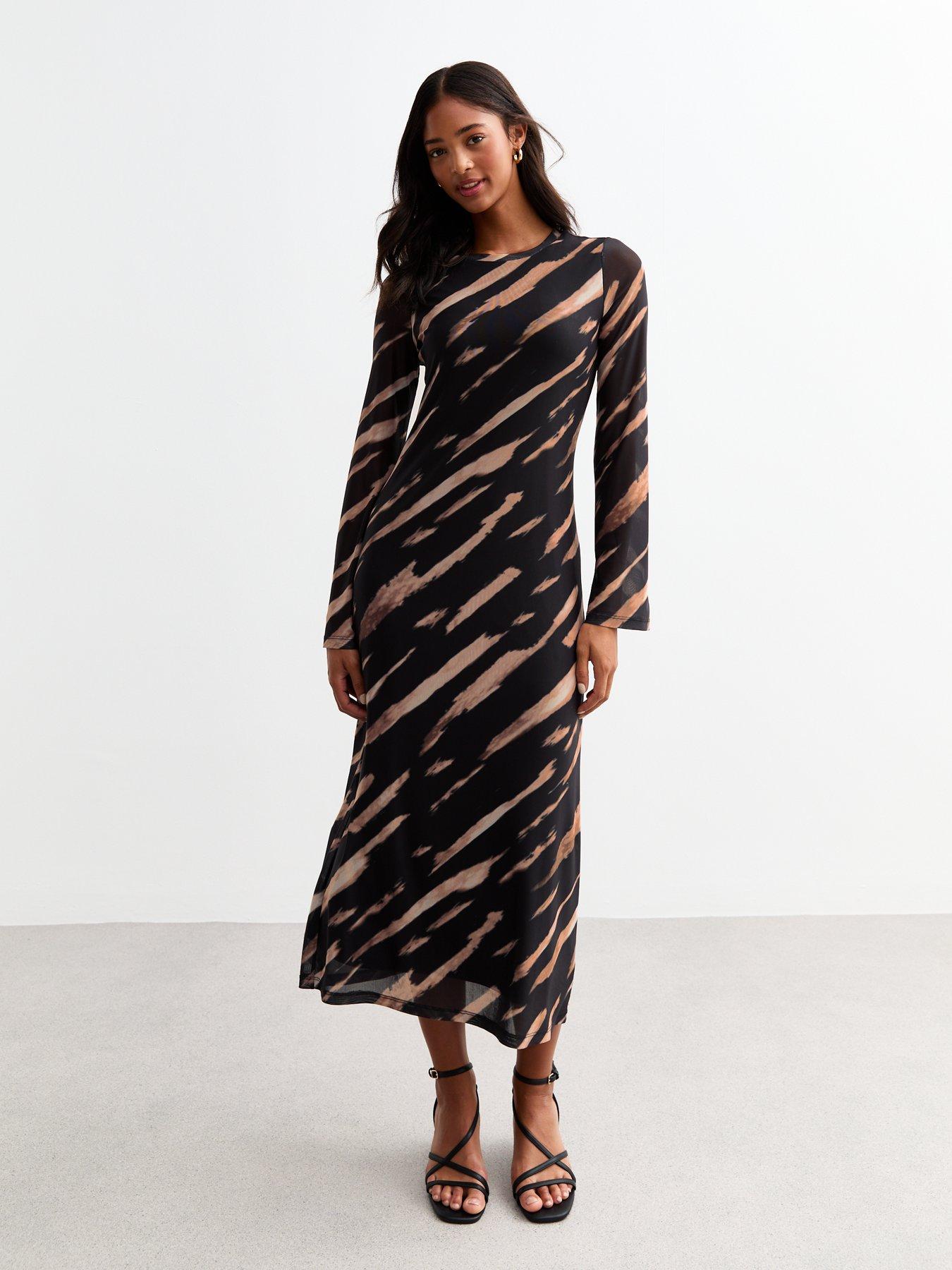 New Look Printed Mesh Long Sleeve Midi Dress Black Very