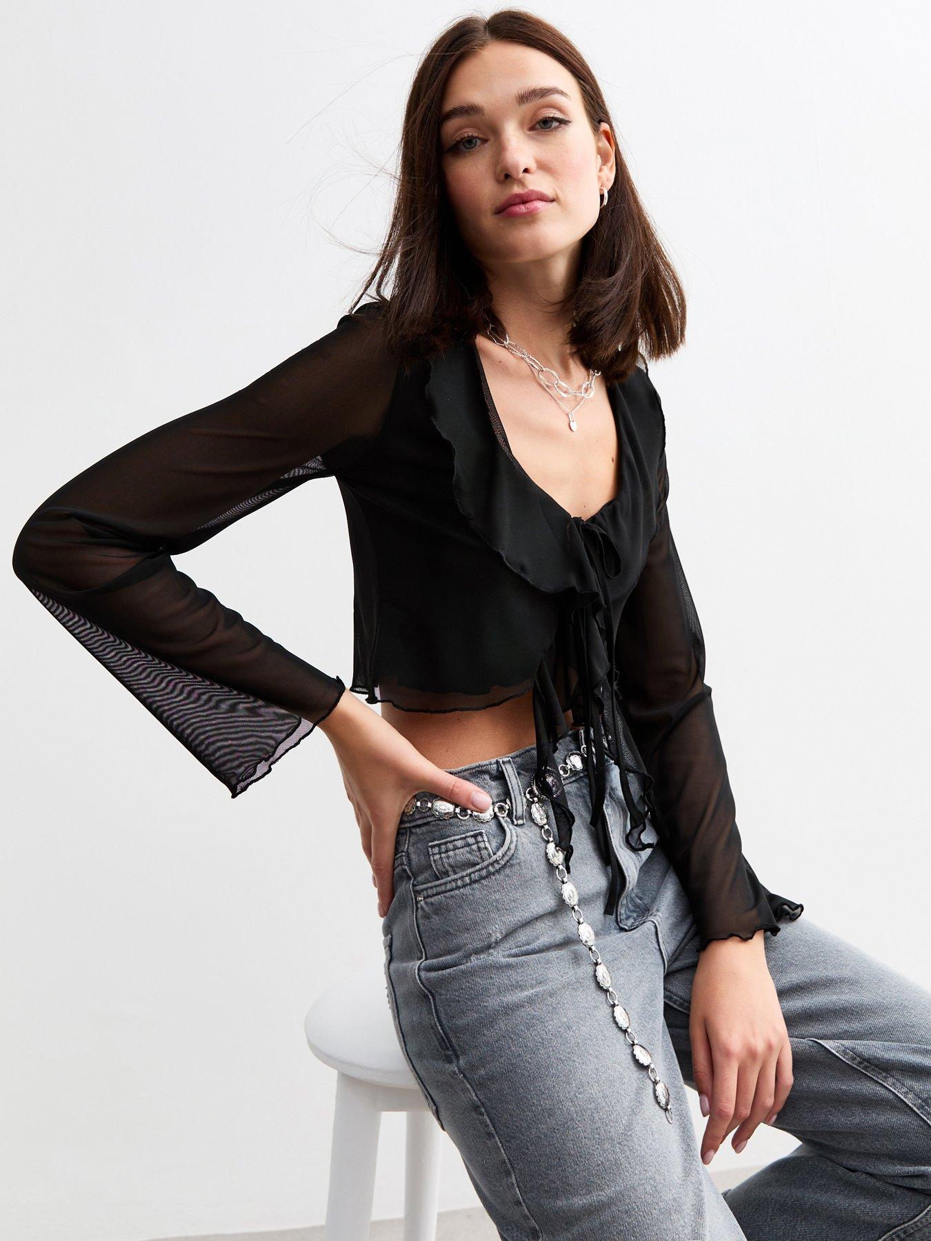 undefined Ruffle Trim Tie Front Top - Black