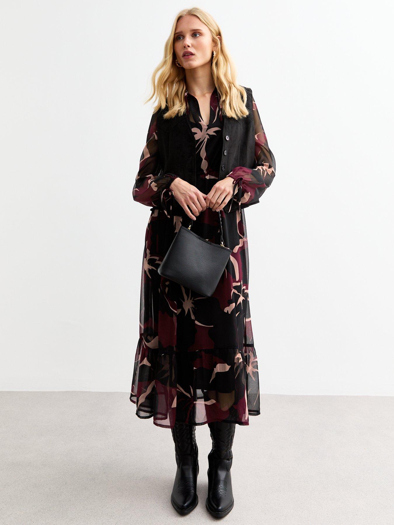undefined Red Floral Chiffon Midi Dress - Print