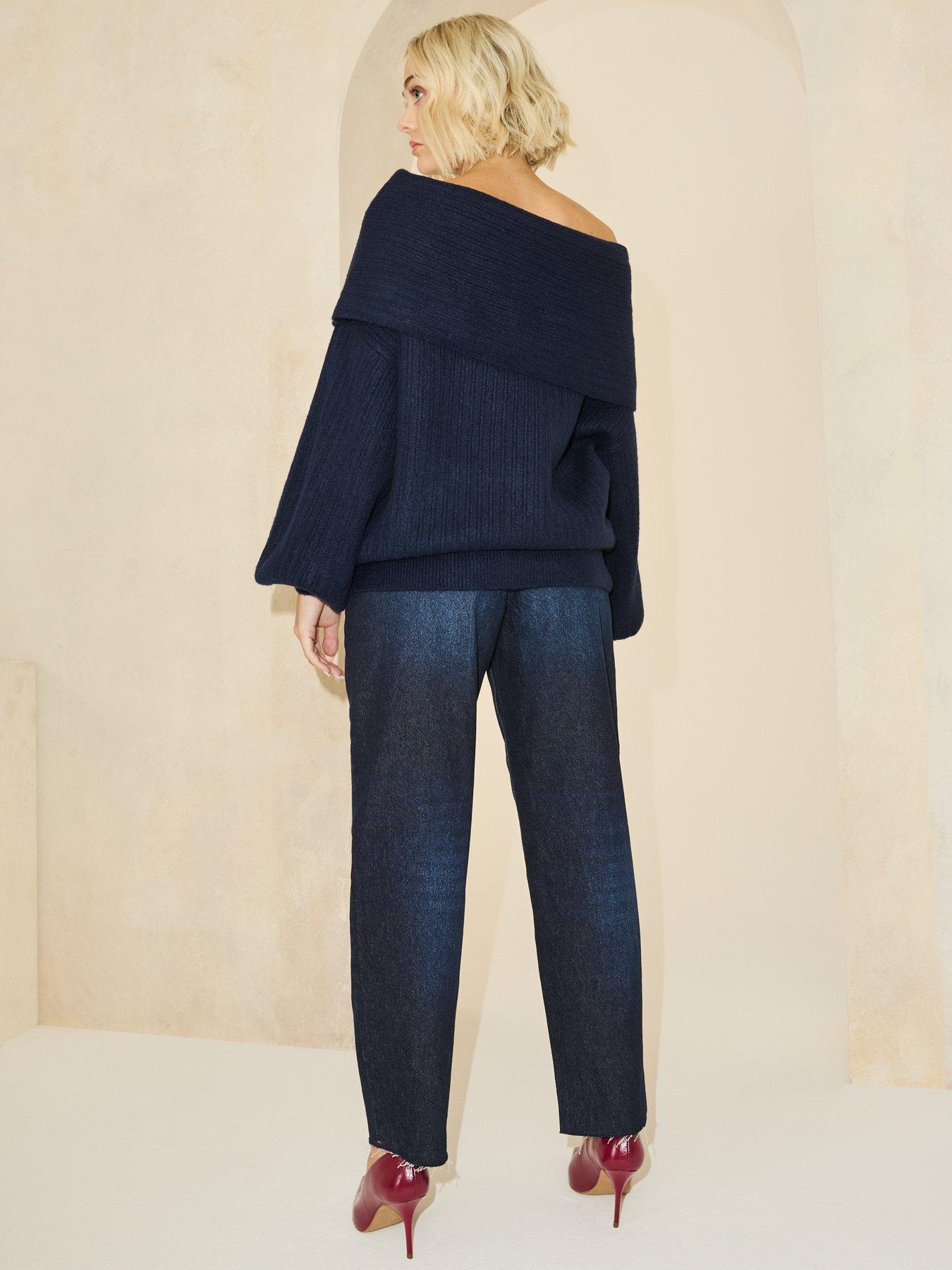 Image 2 of 4 of Michelle Keegan Chunky Off The Shoulder Knitted Top&nbsp;- Navy