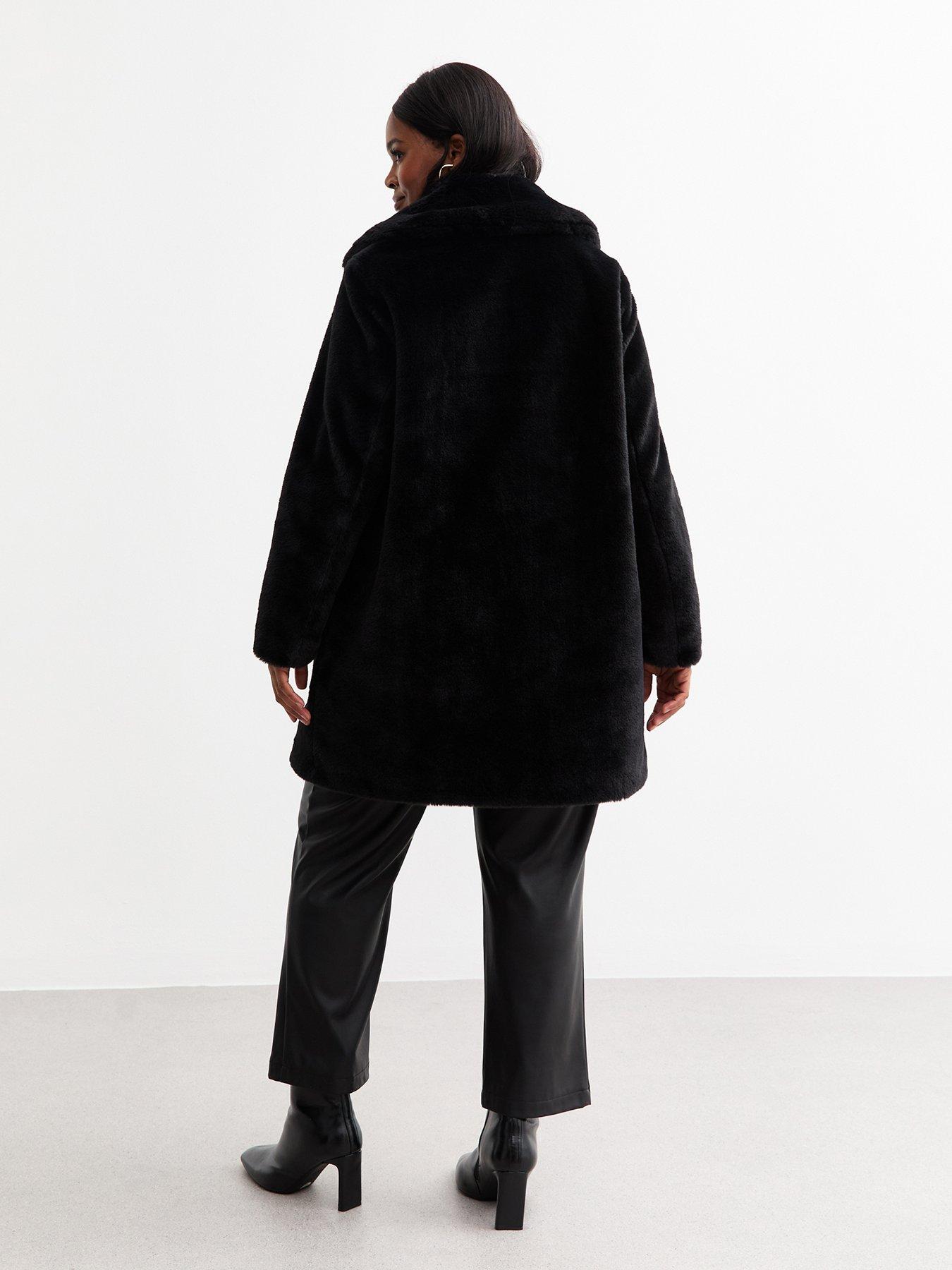 2040087 Black Fur Collar Nubuck Look Coat