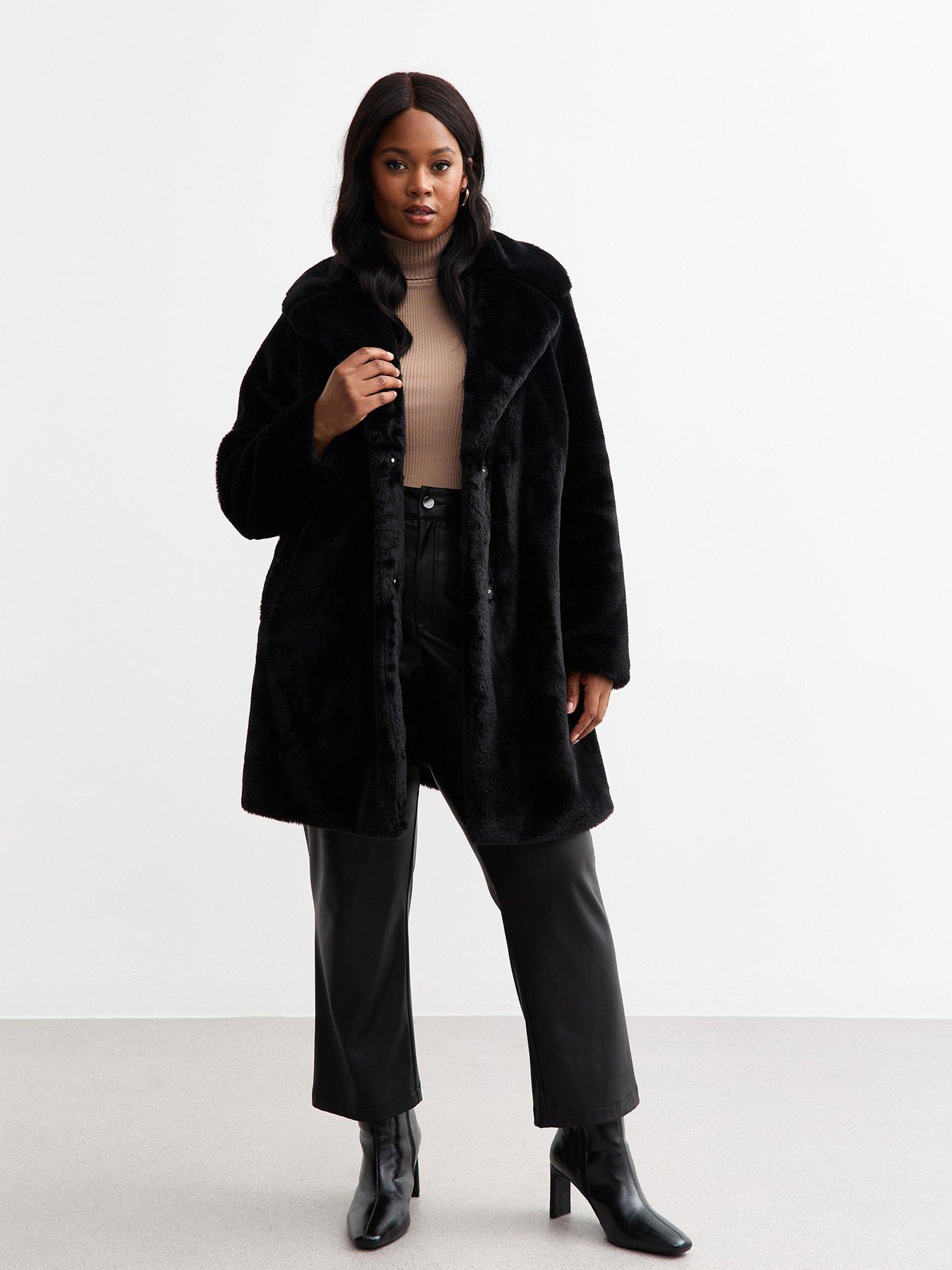 New Look Curves Black Faux Fur Coat Very