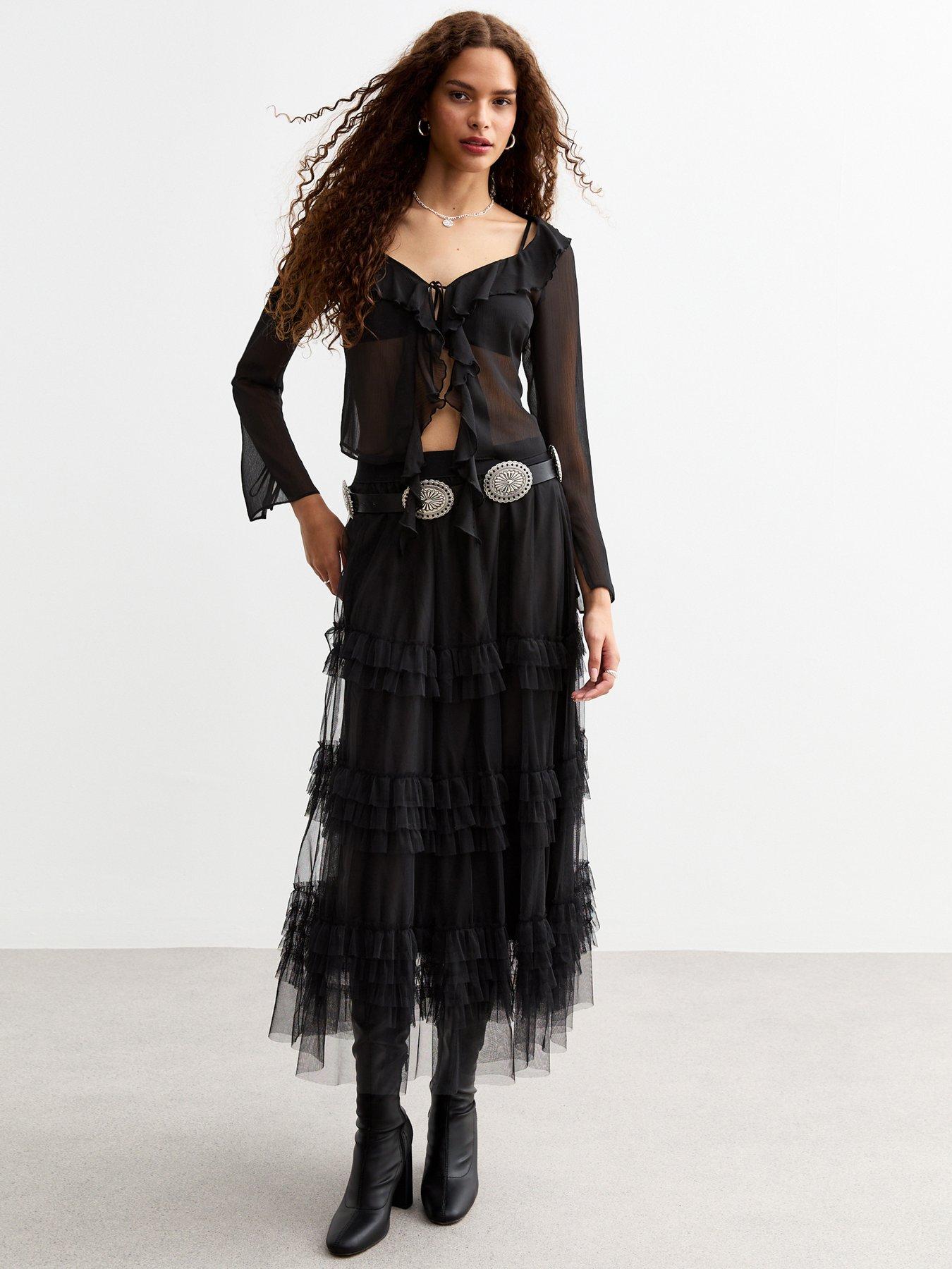 Tulle Tiered Midi Skirt Black