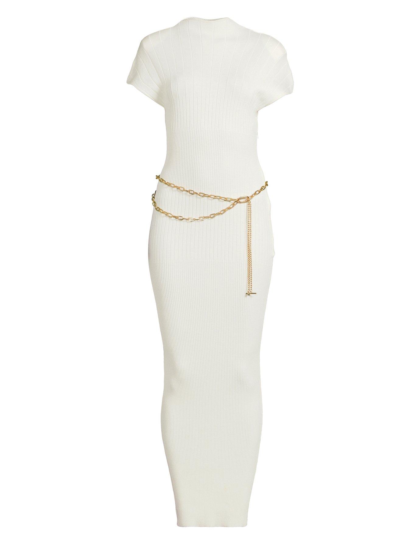 Image 3 of 4 of Michelle Keegan Asymmetric Rib Belted&nbsp;Midaxi Dress - Cream