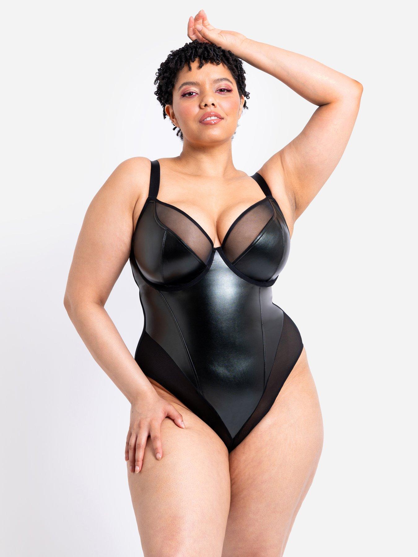 Curvy Kate Rebelle Faux Leather Non-padded Underwired Plunge Bodysuit, Black, Size 30F, Women