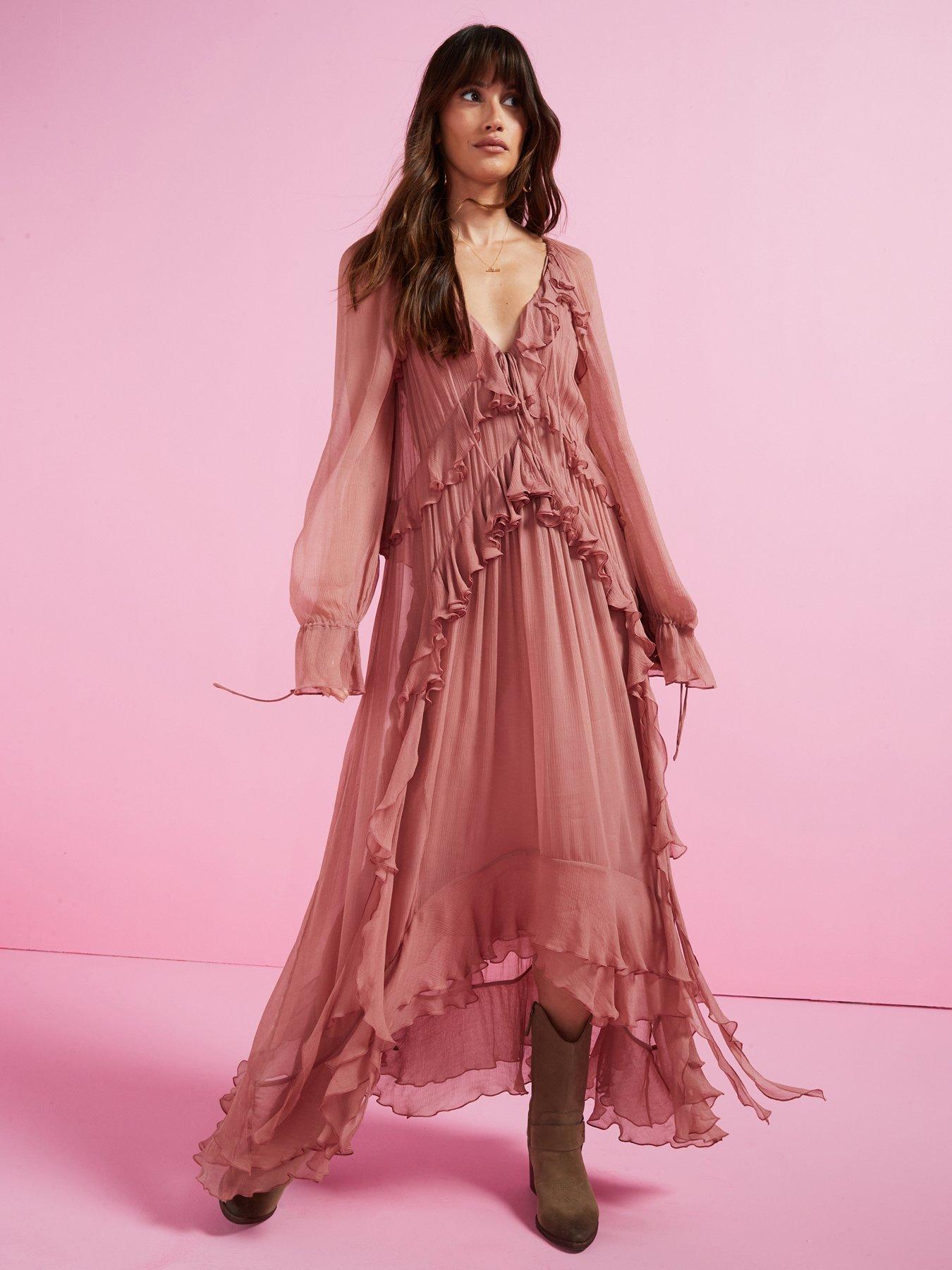 Mango Chiffon Ruffle Maxi Dress Dusky Pink