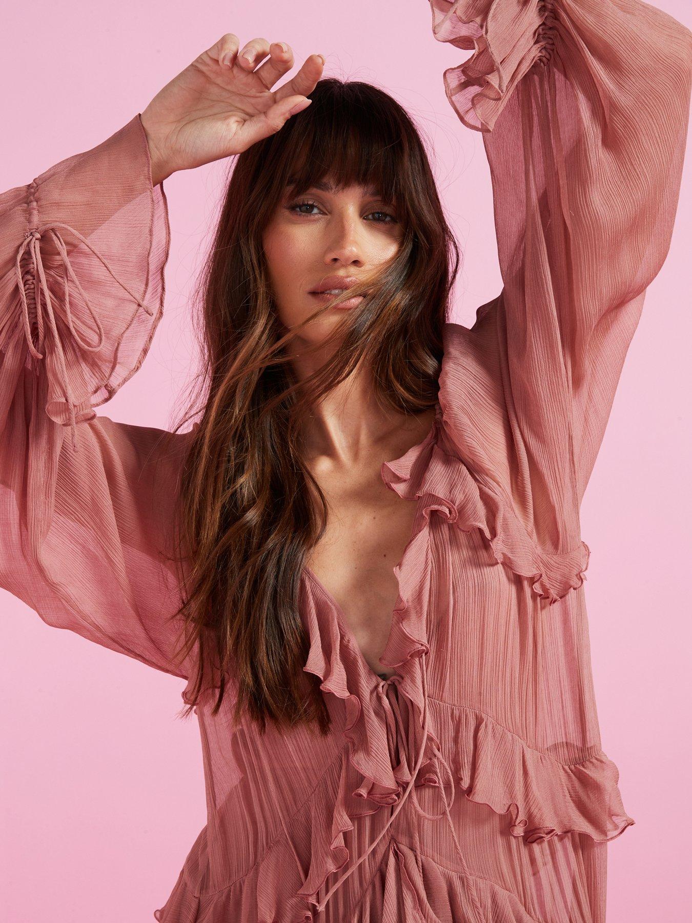 Mango Chiffon Ruffle Maxi Dress Dusky Pink