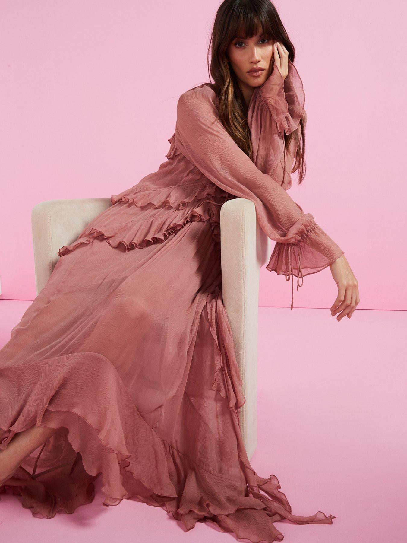 Mango Chiffon Ruffle Maxi Dress Dusky Pink